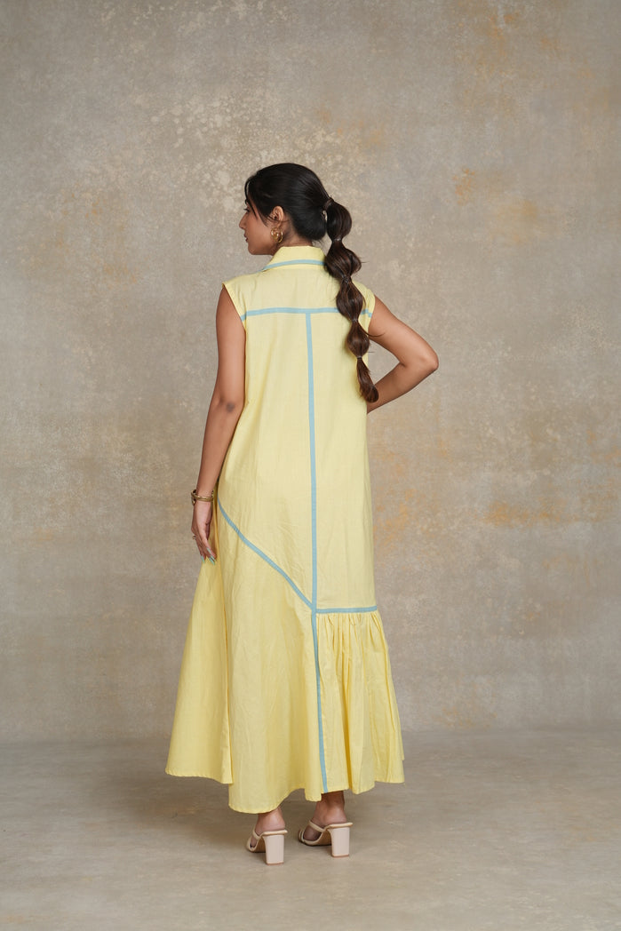 Butter Yellow and Powder Blue Cotton Poplin Grazia Dress
