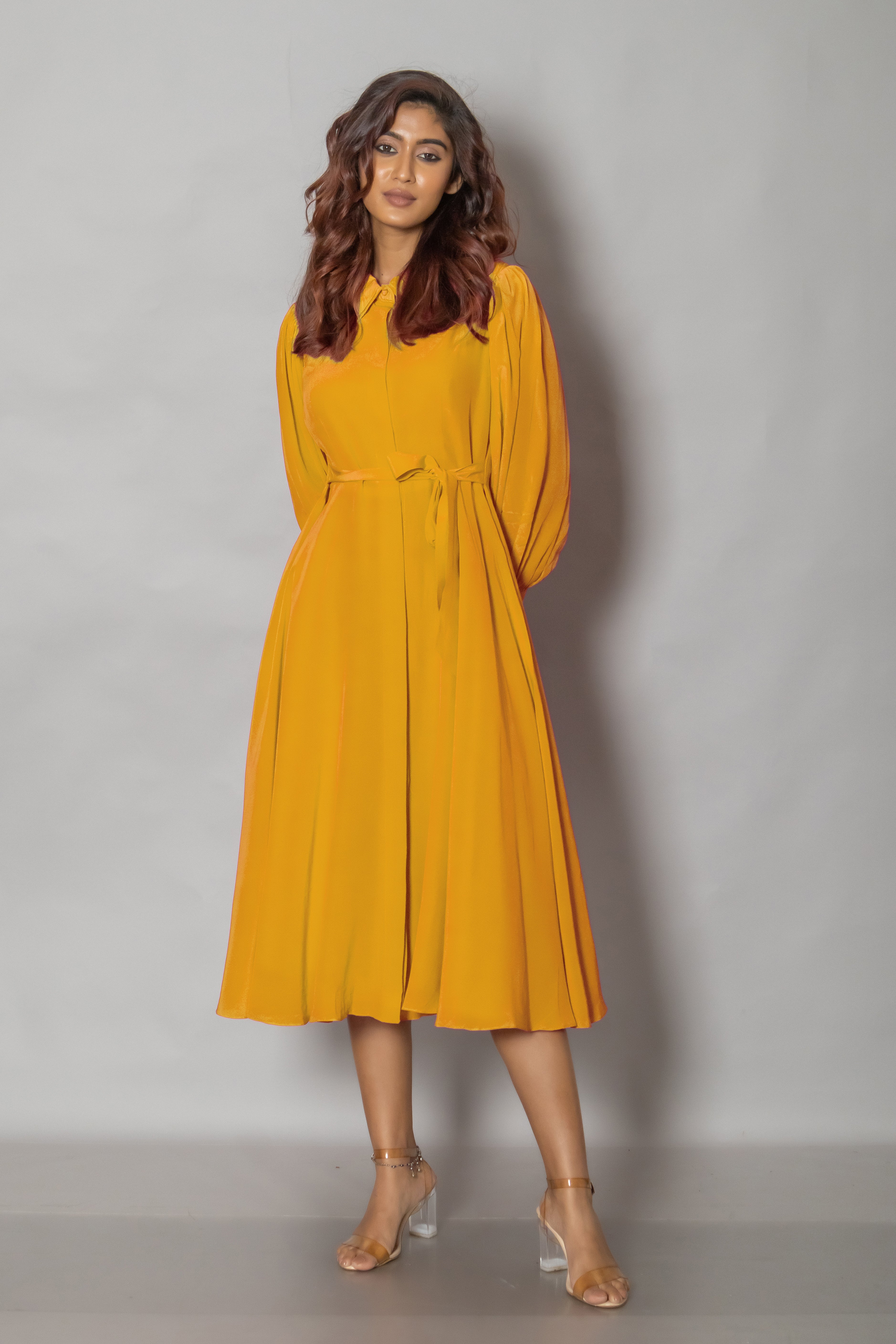 Yellow Crepe Midi Dress