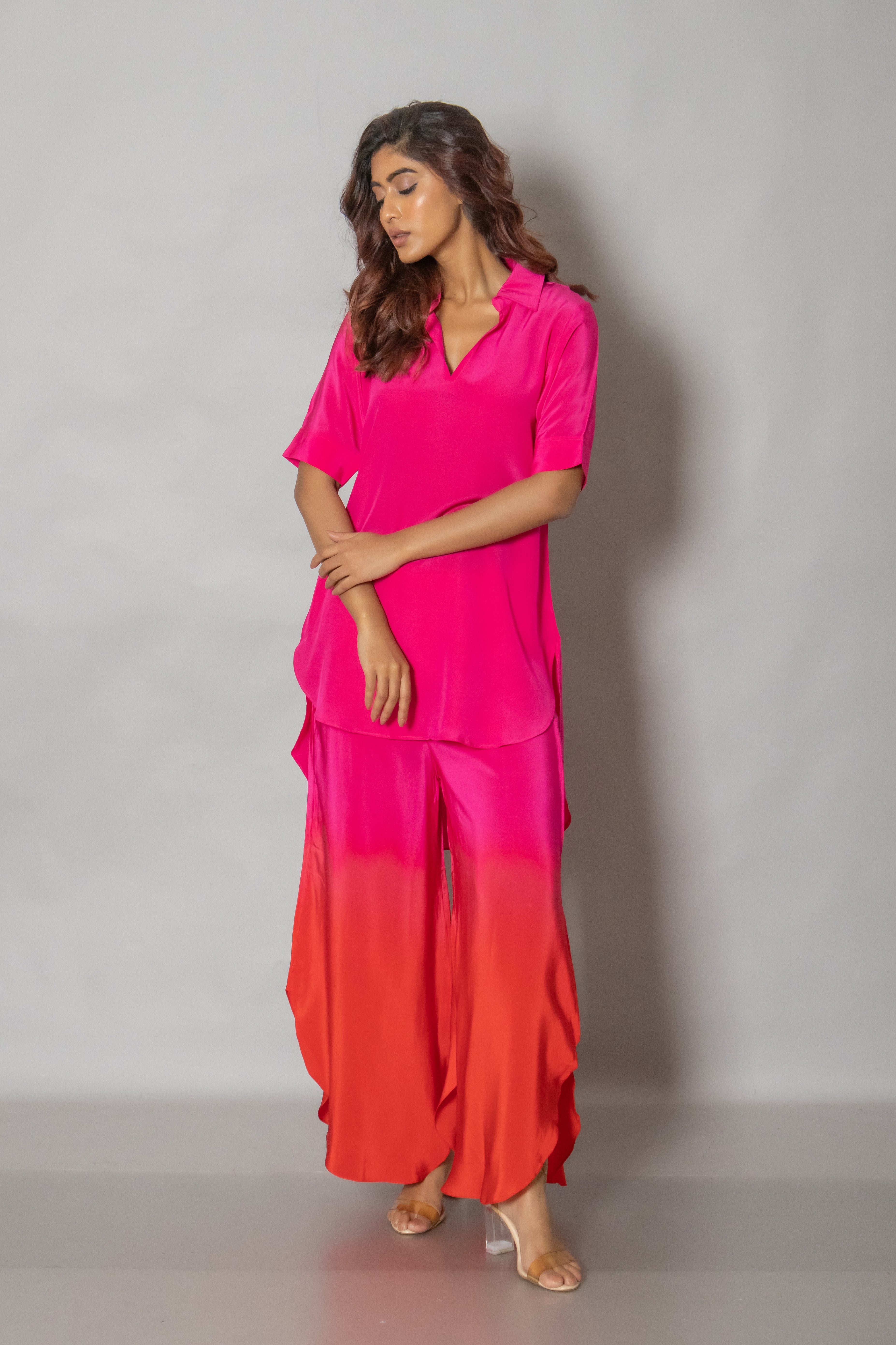 Ombre Pink And Red Crepe Co-Ord Set