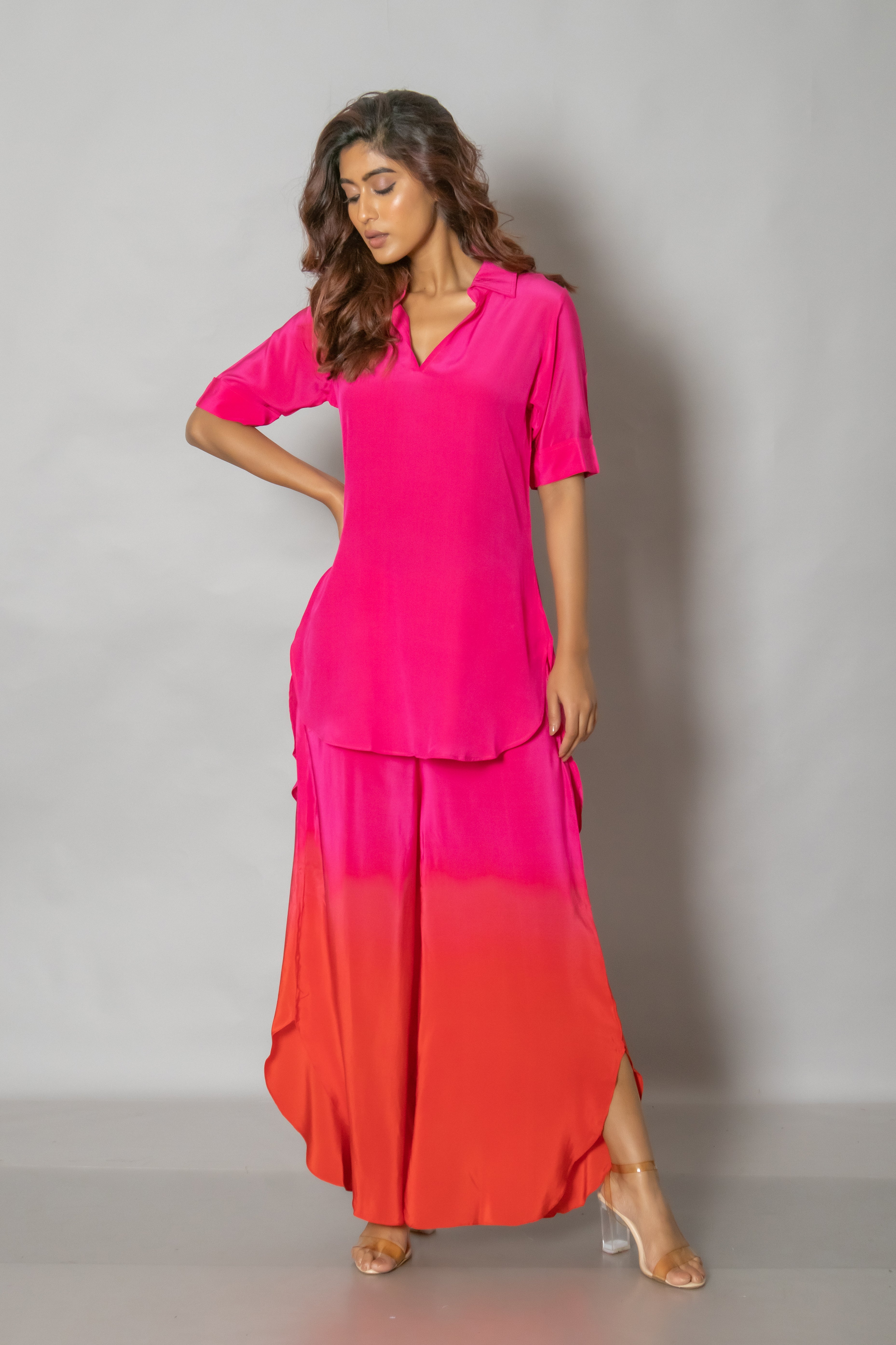 Ombre Pink And Red Crepe Co-Ord Set