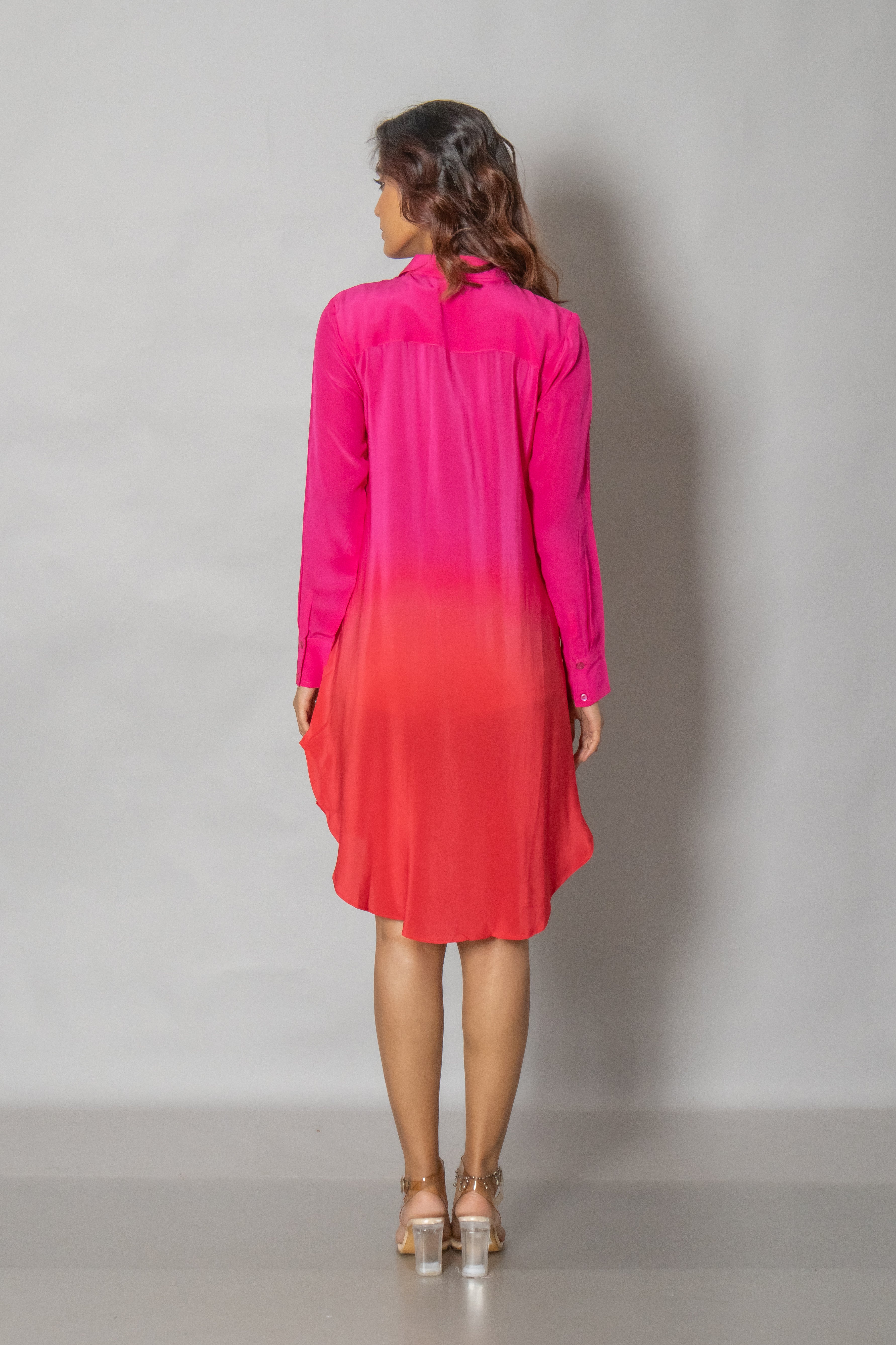 Ombre Pink And Red Crepe Shirt Dress