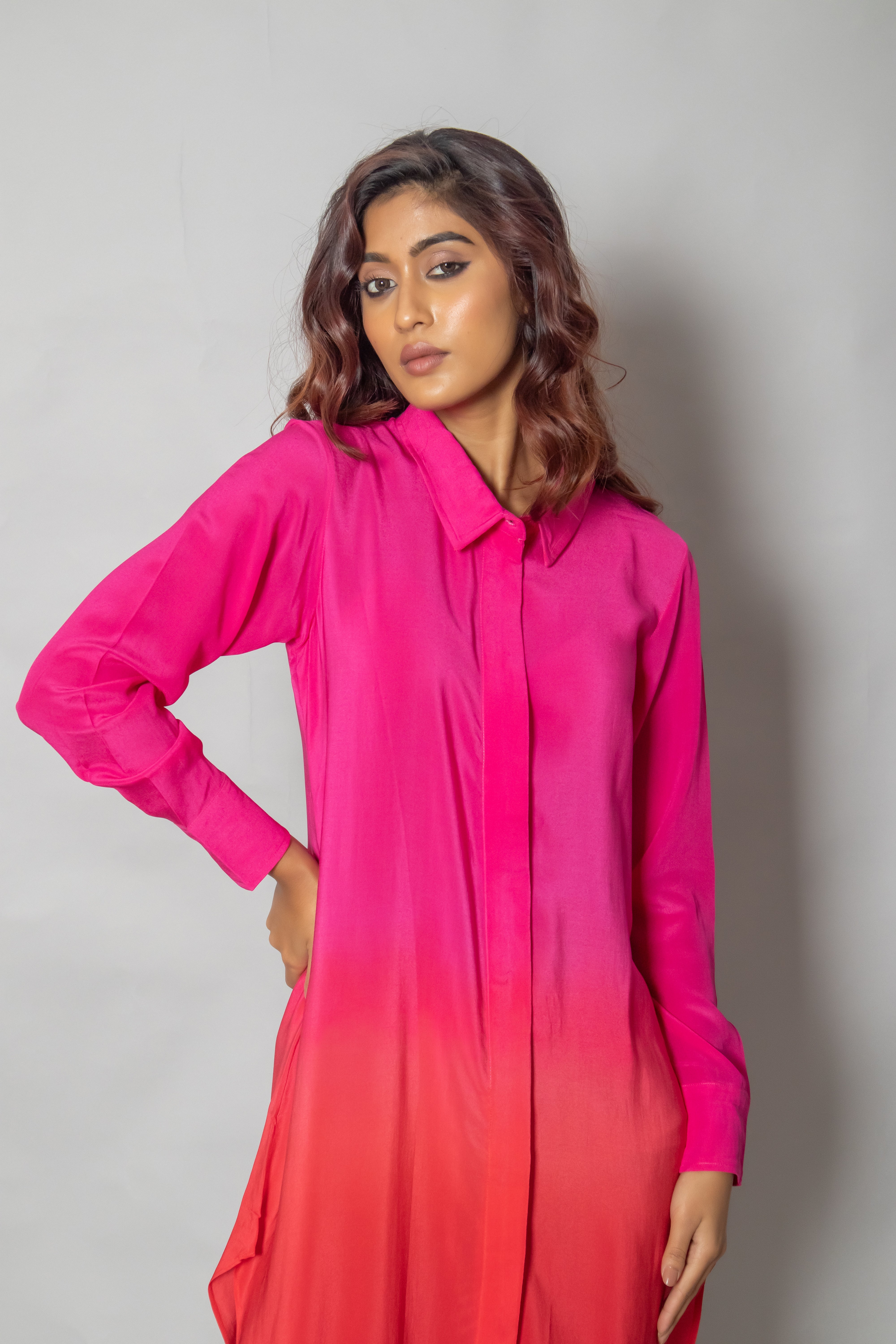 Ombre Pink And Red Crepe Shirt Dress
