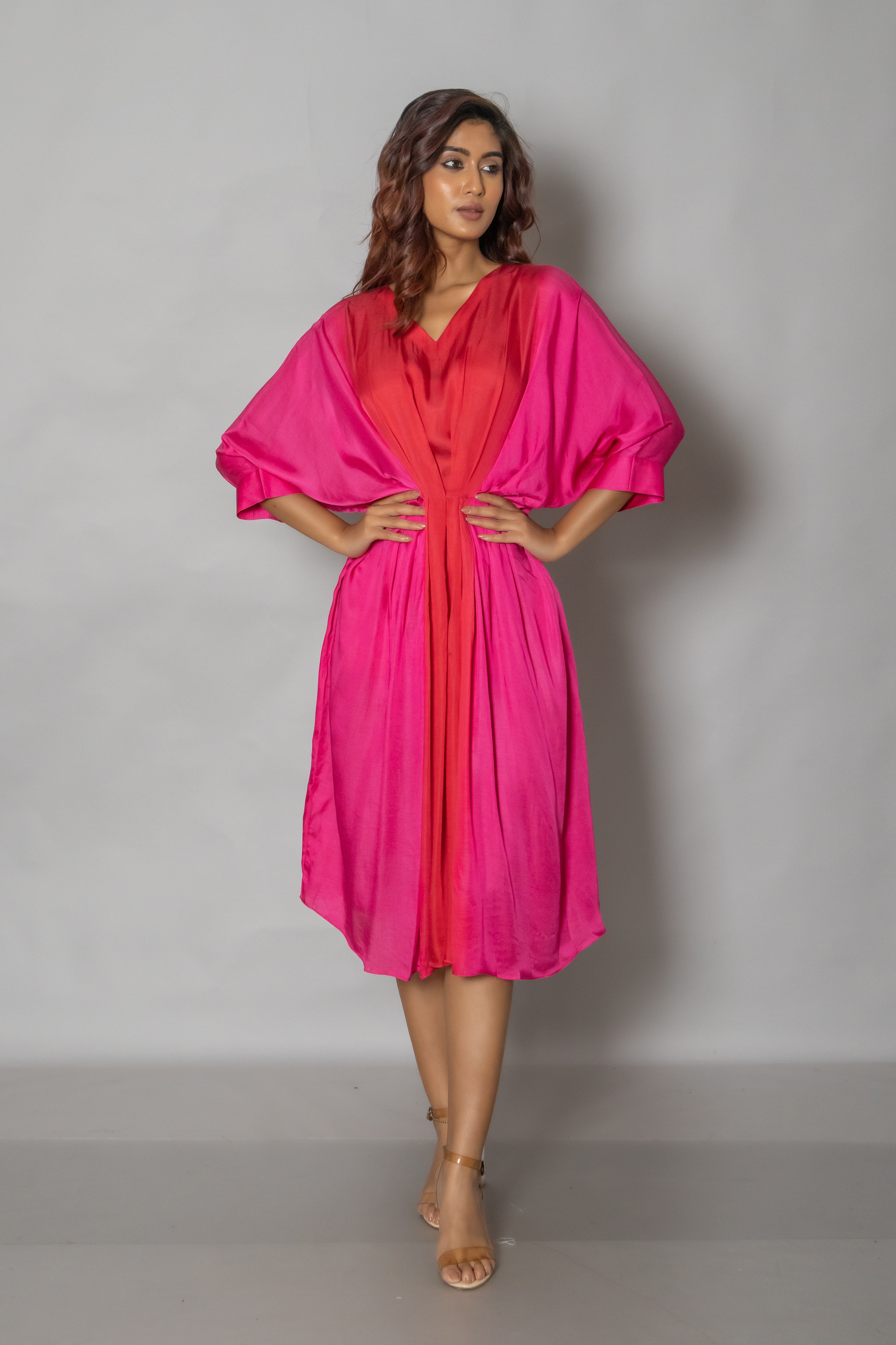 Ombre Pink And Red Satin Kaftan Dress