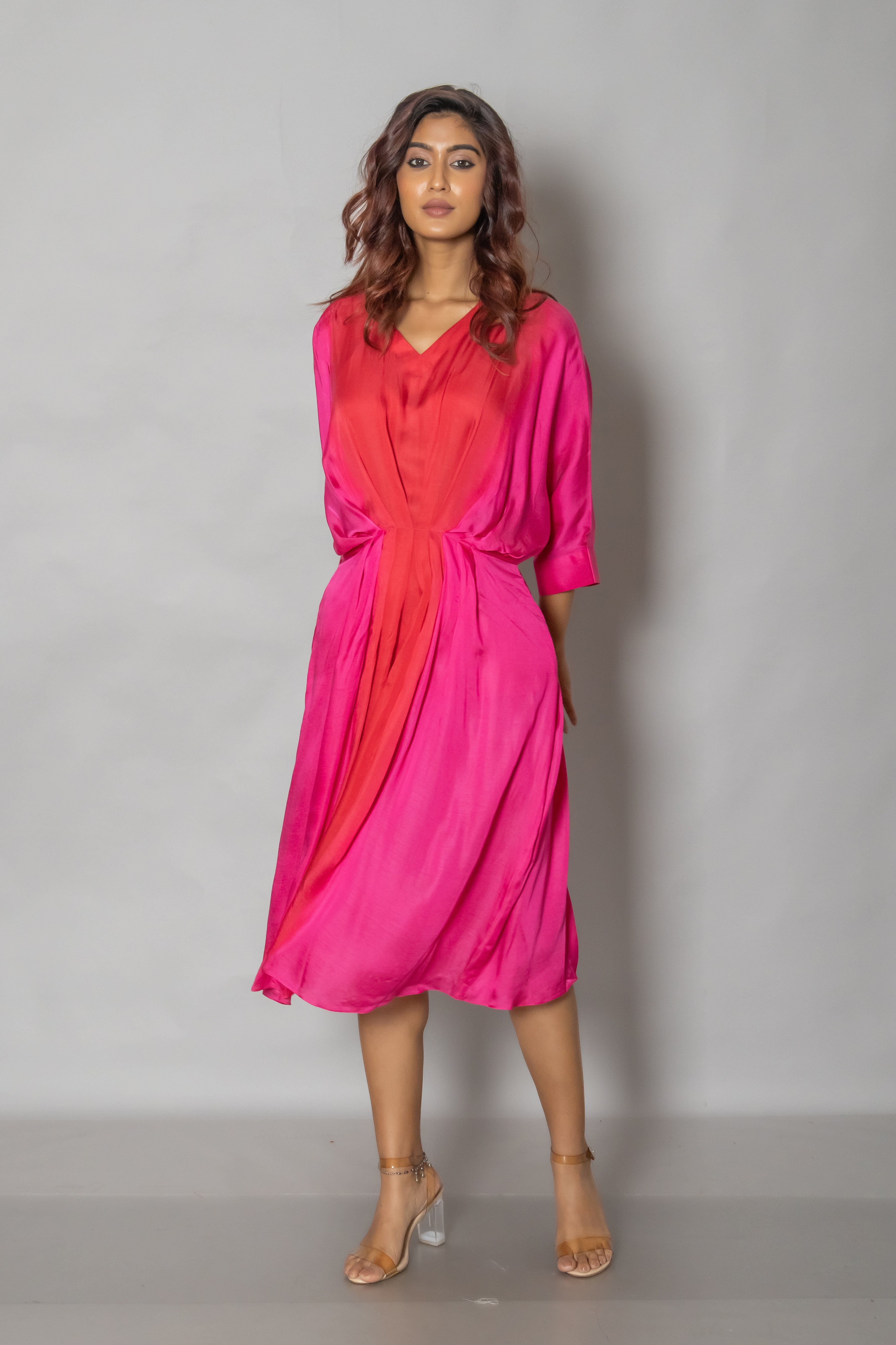 Ombre Pink And Red Satin Kaftan Dress
