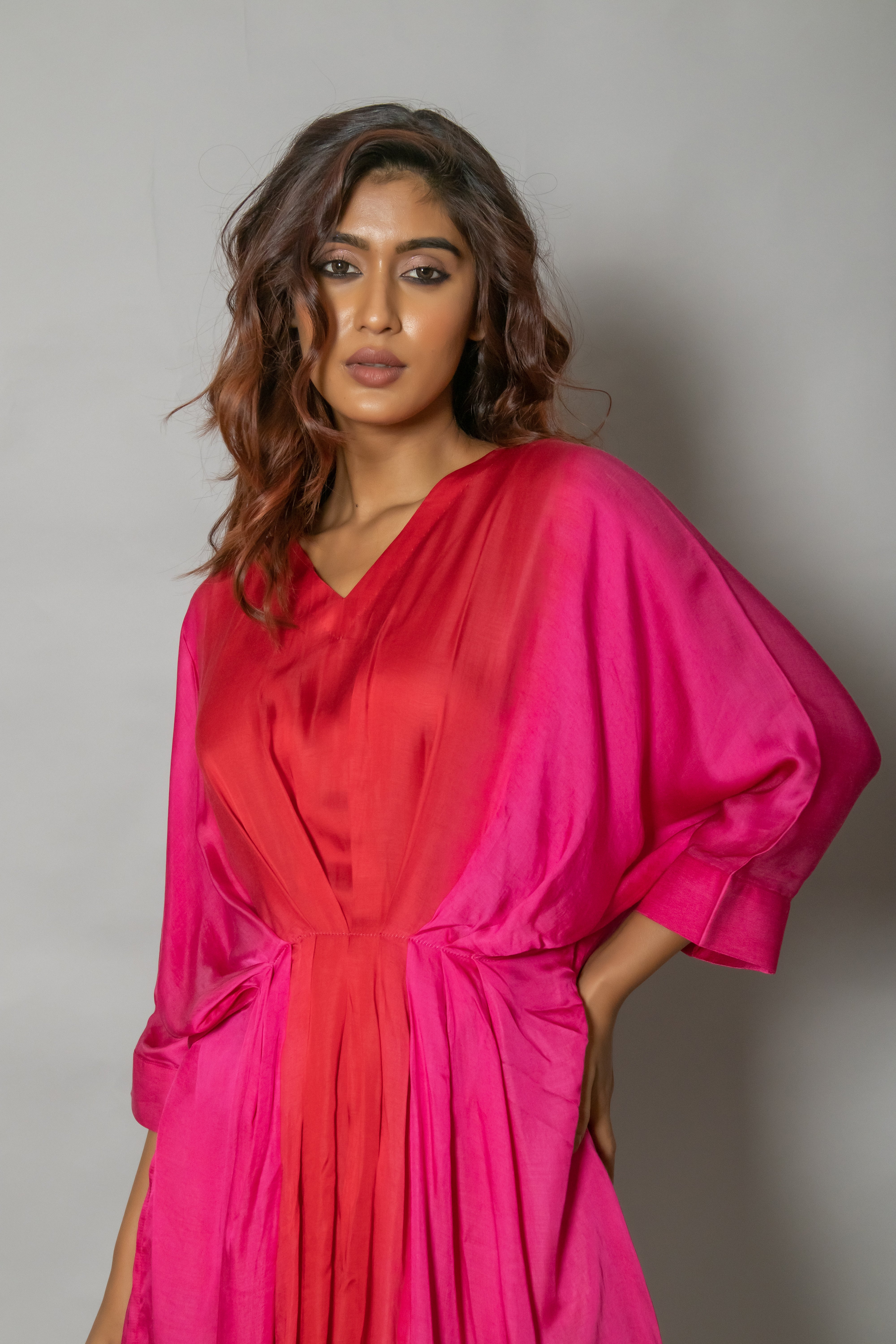 Ombre Pink And Red Satin Kaftan Dress