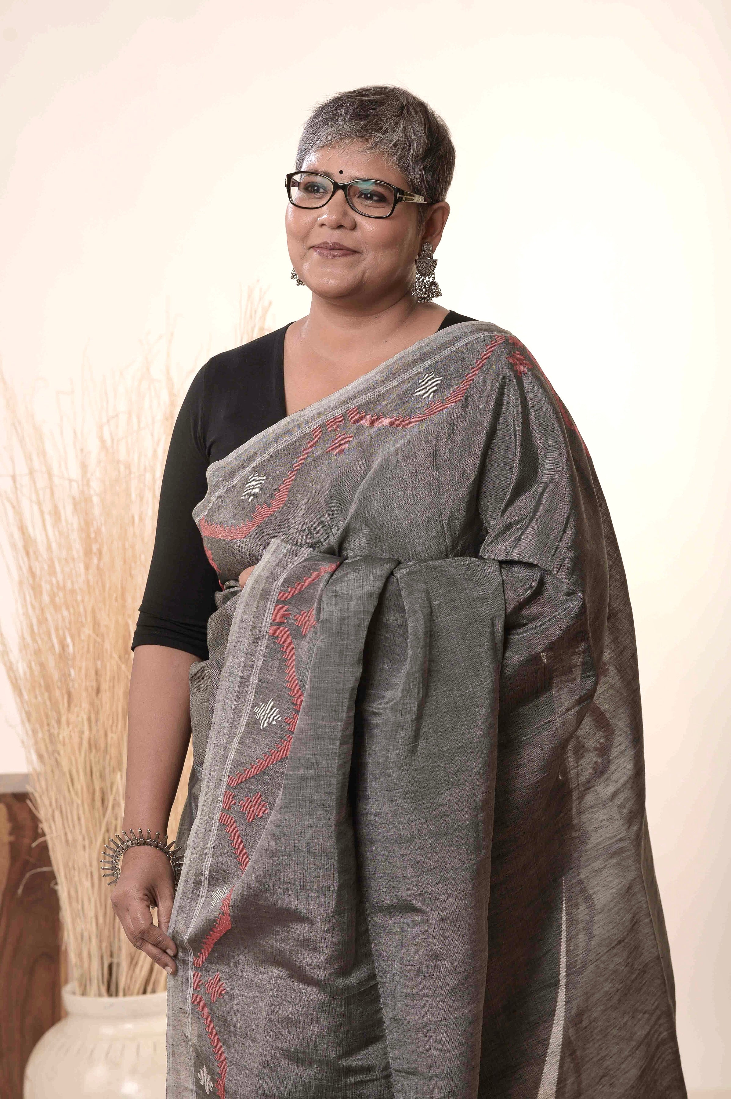 Sreeja - Grey Silk Linen Jamdani Saree