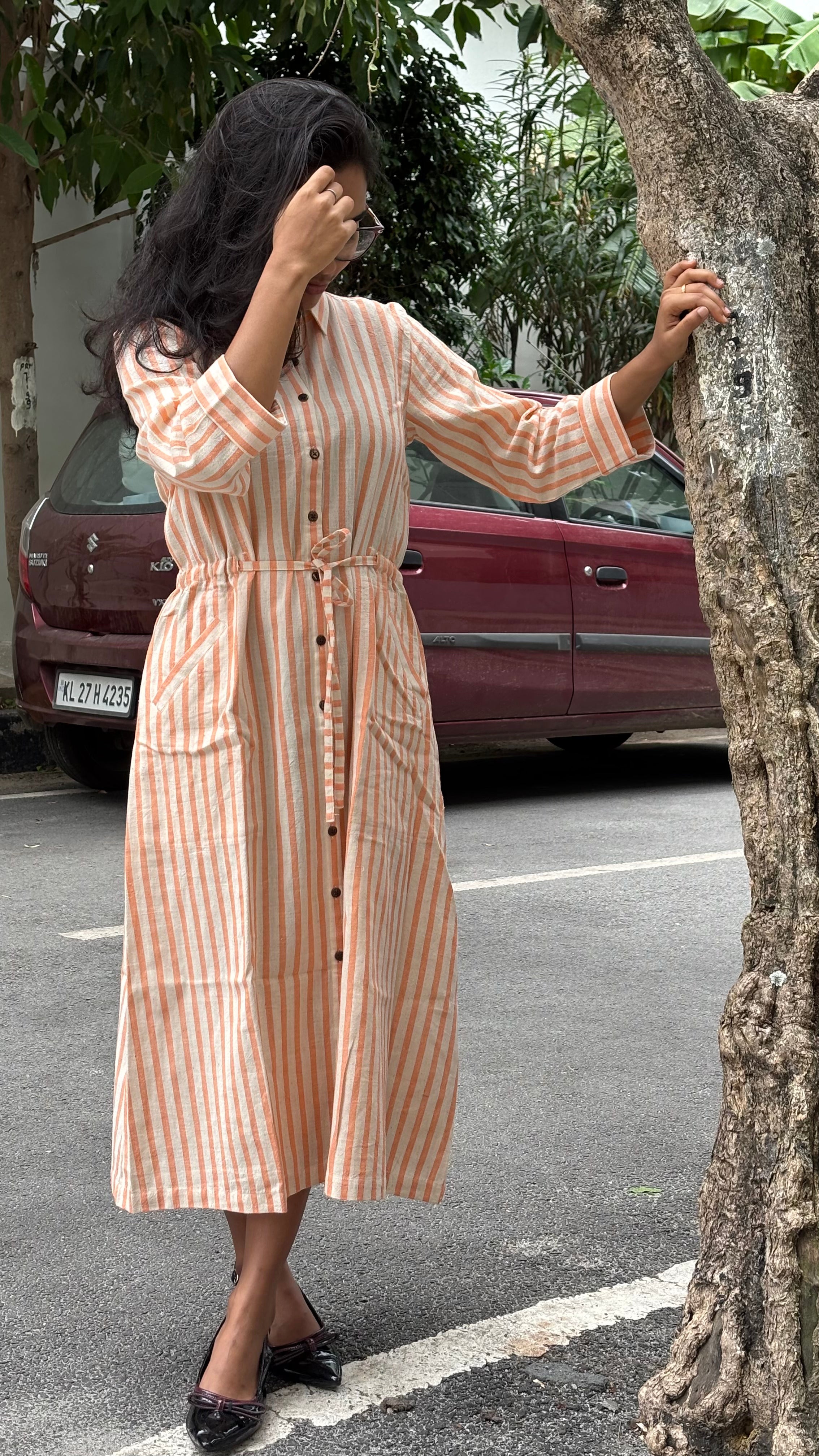 Orange-Stripe Handspun & Handwoven Liza Dress