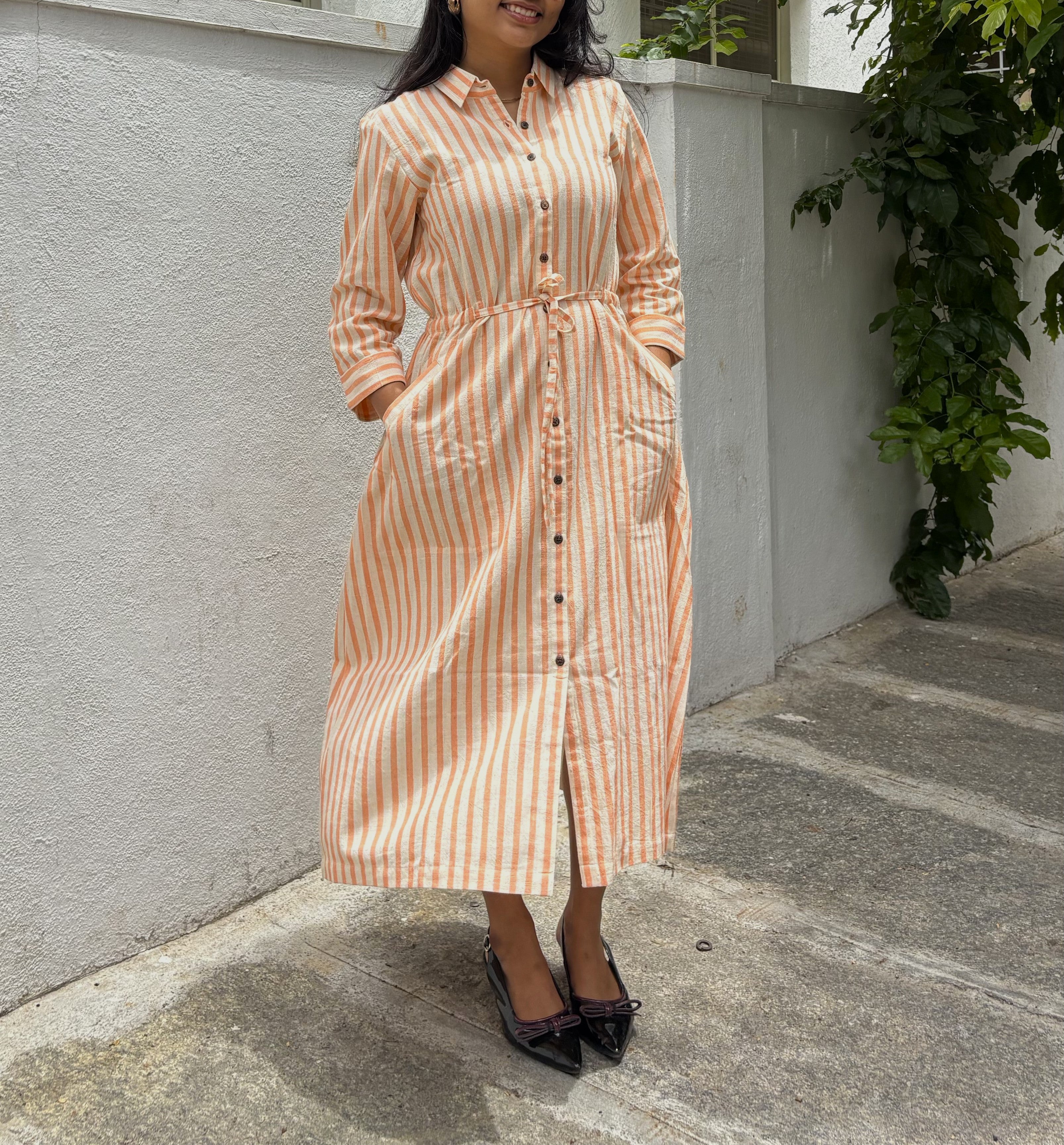 Orange-Stripe Handspun & Handwoven Liza Dress