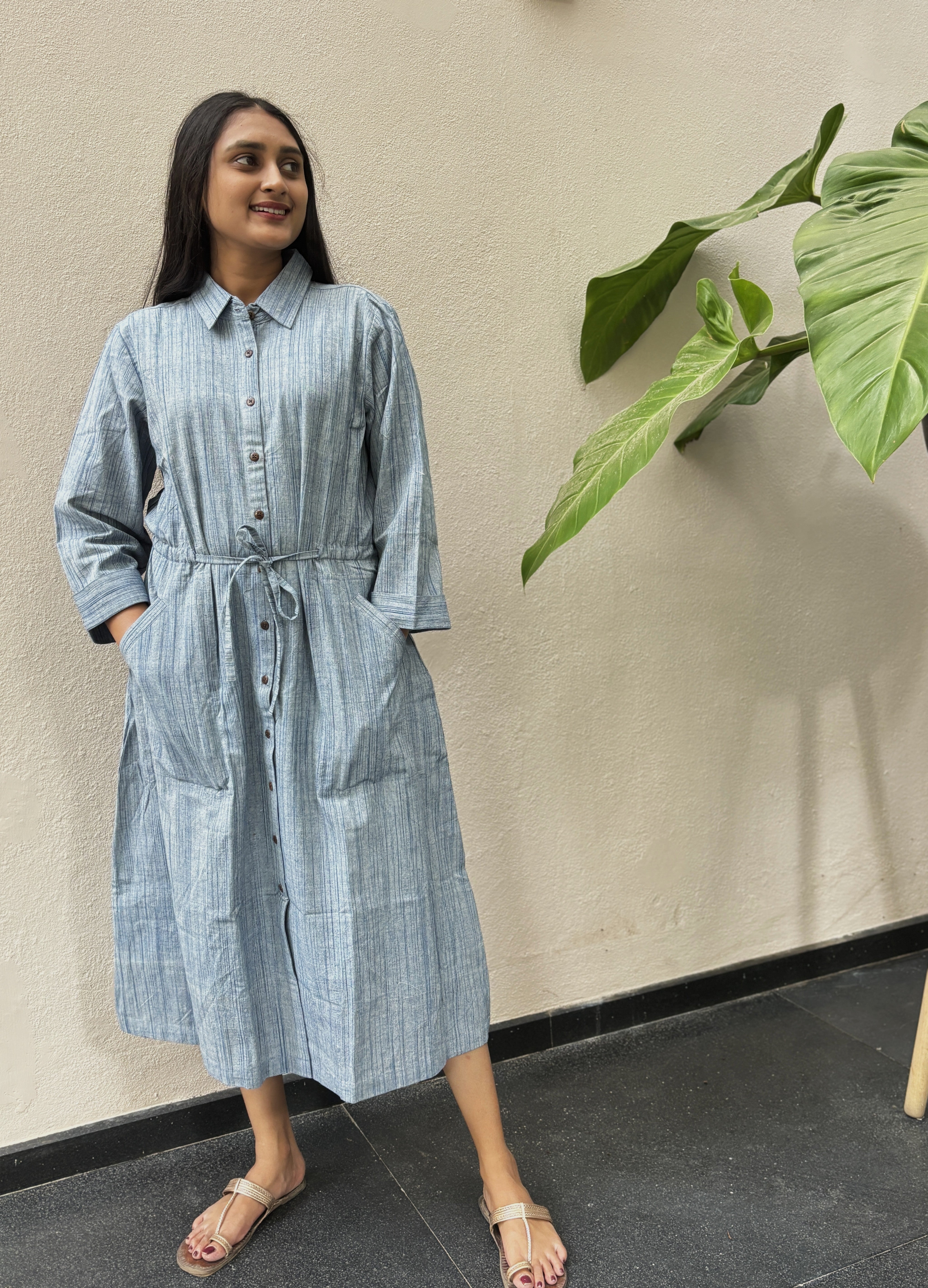 Blue-Stripe Handspun & Handwoven Liza Dress
