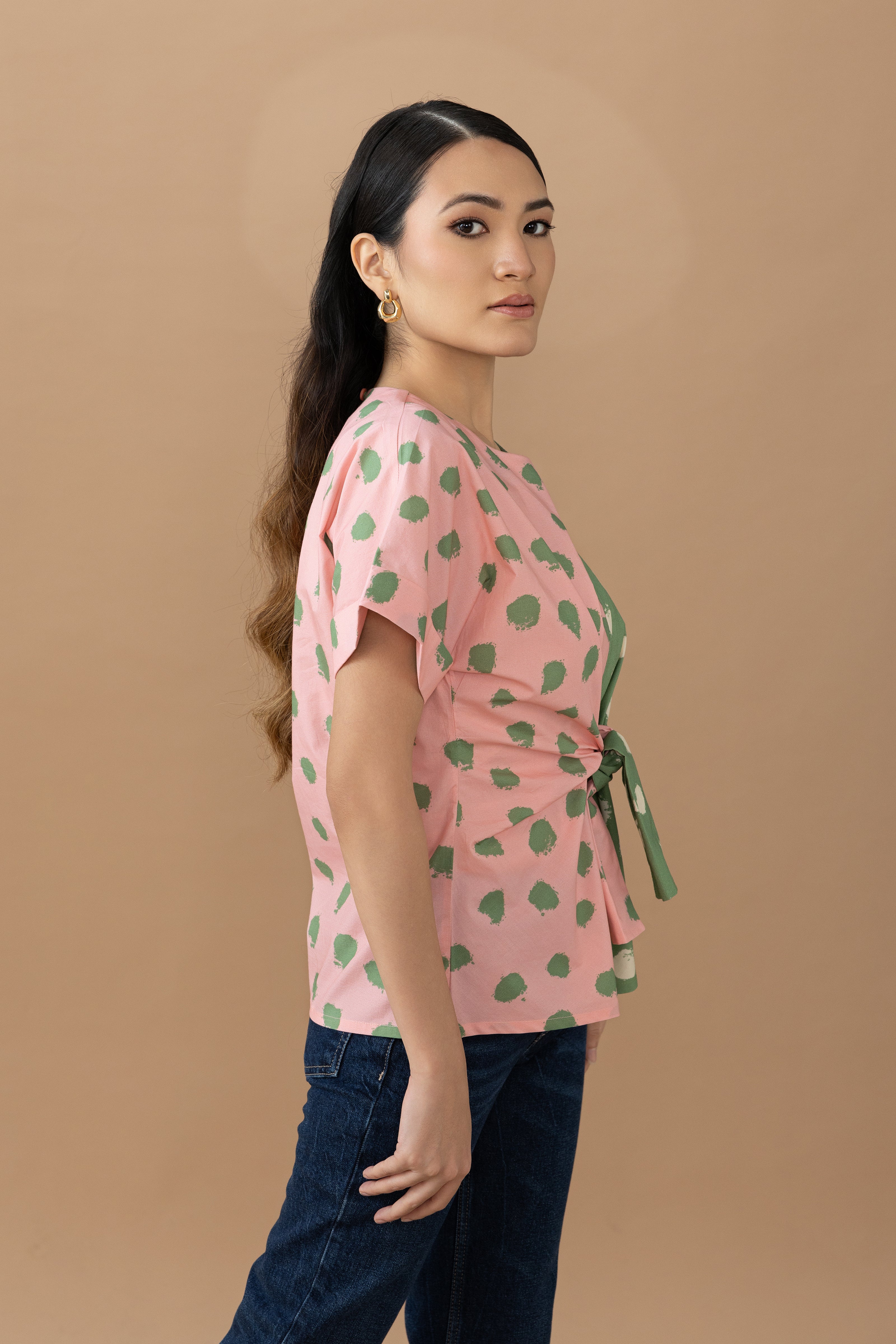 Nadine Tie Top - Olive & Quartz Dot