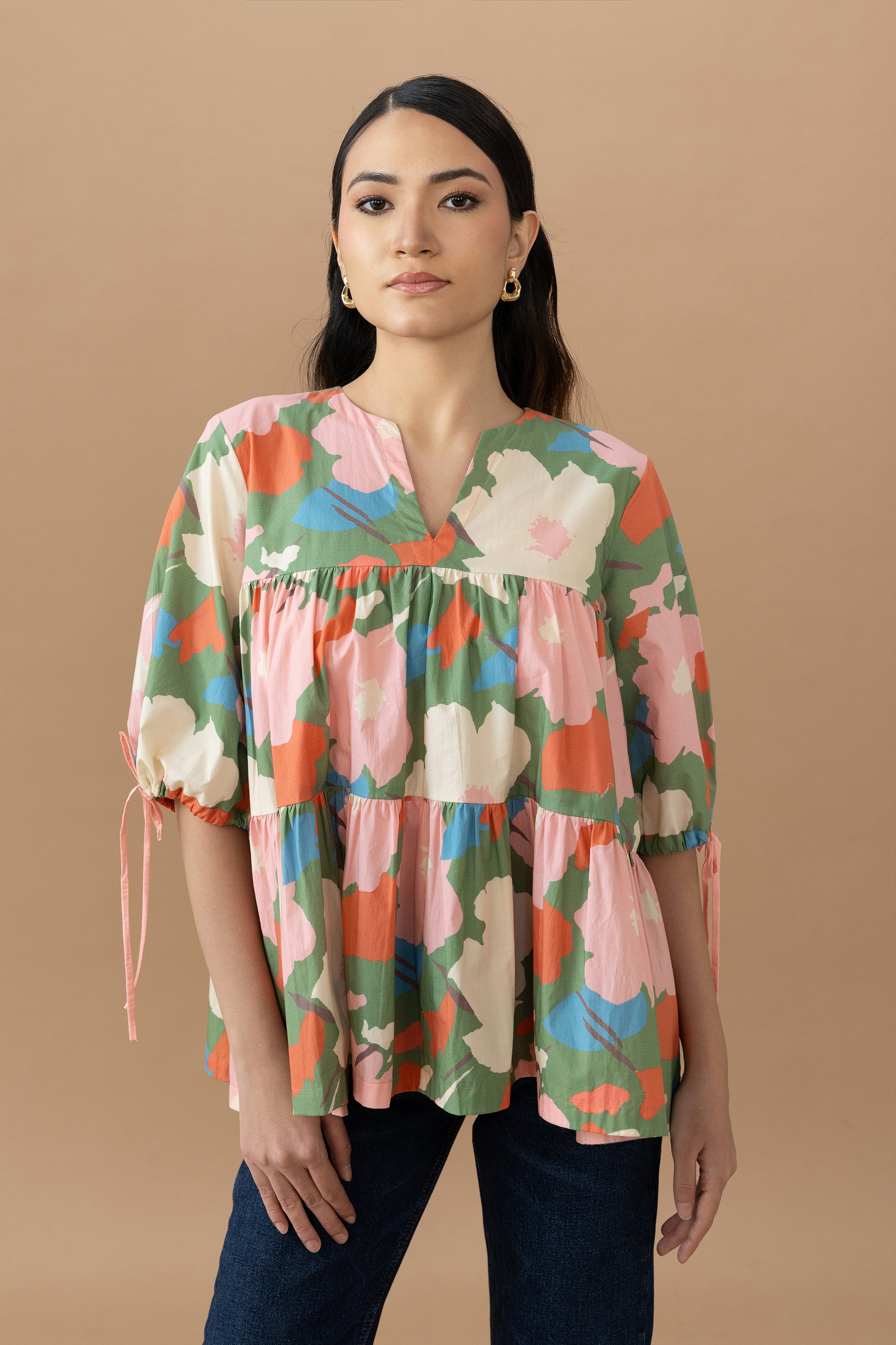 Mona Top - Abstract Floral Olive Green