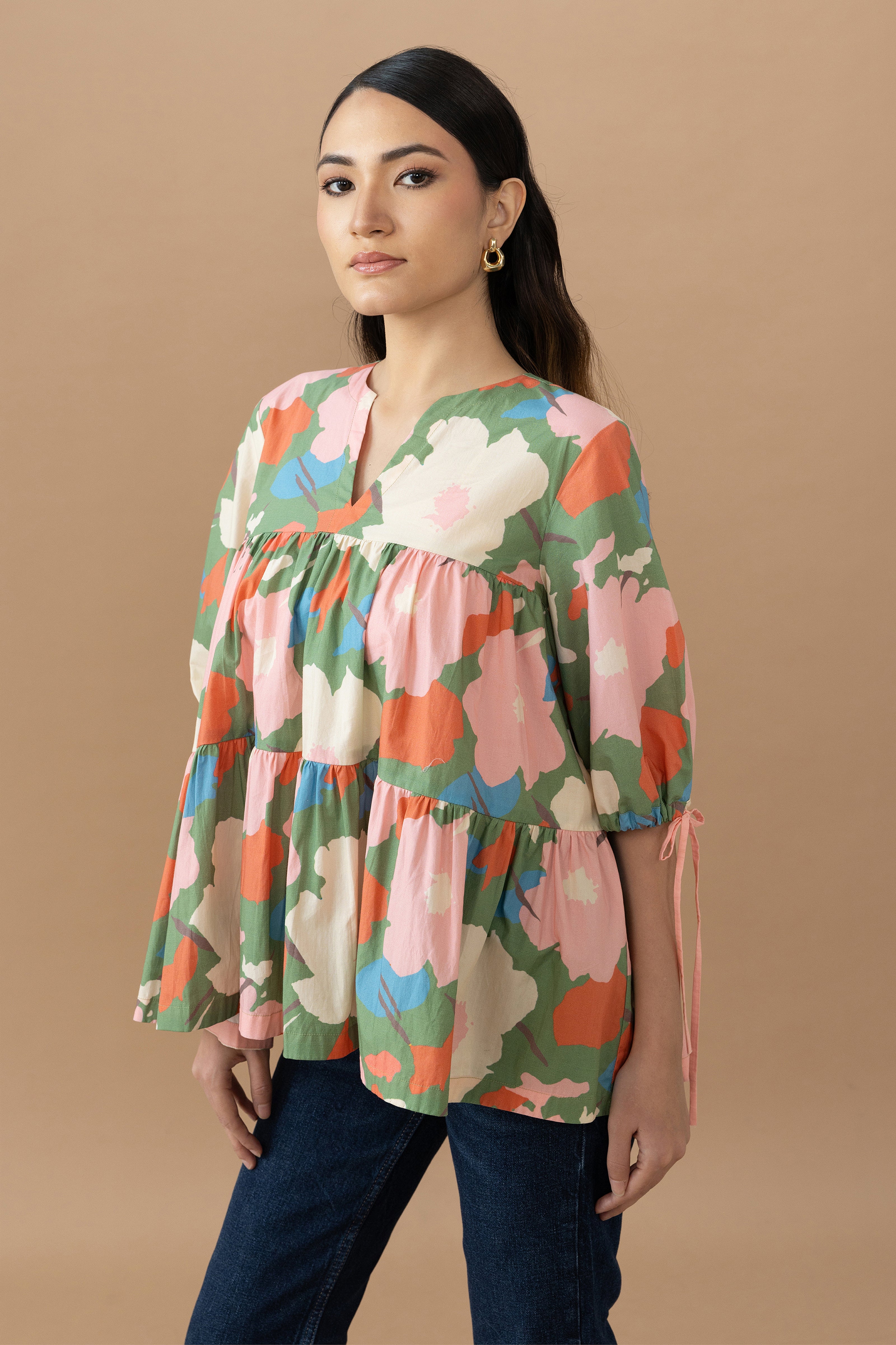 Mona Top - Abstract Floral Olive Green