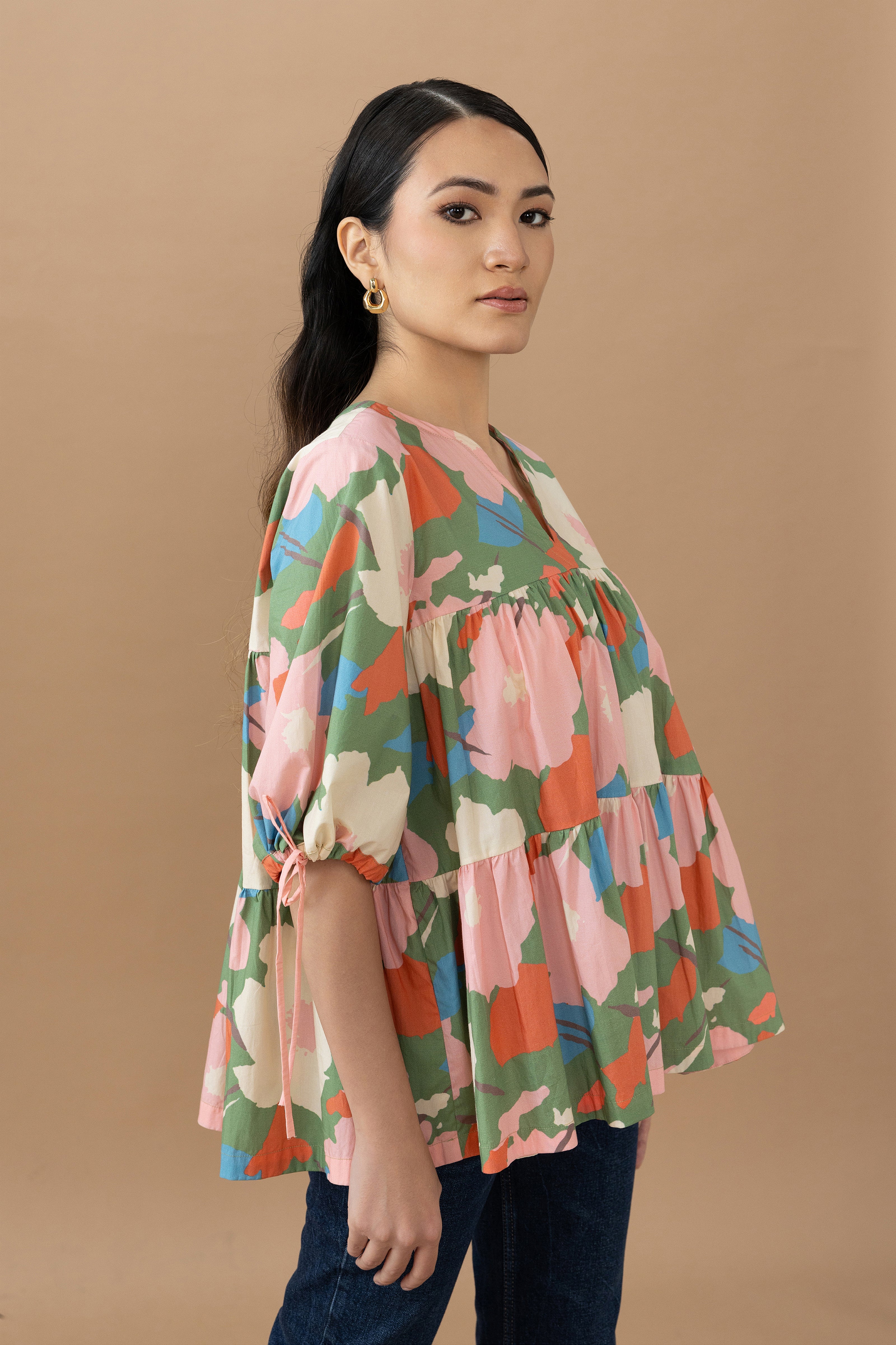 Mona Top - Abstract Floral Olive Green