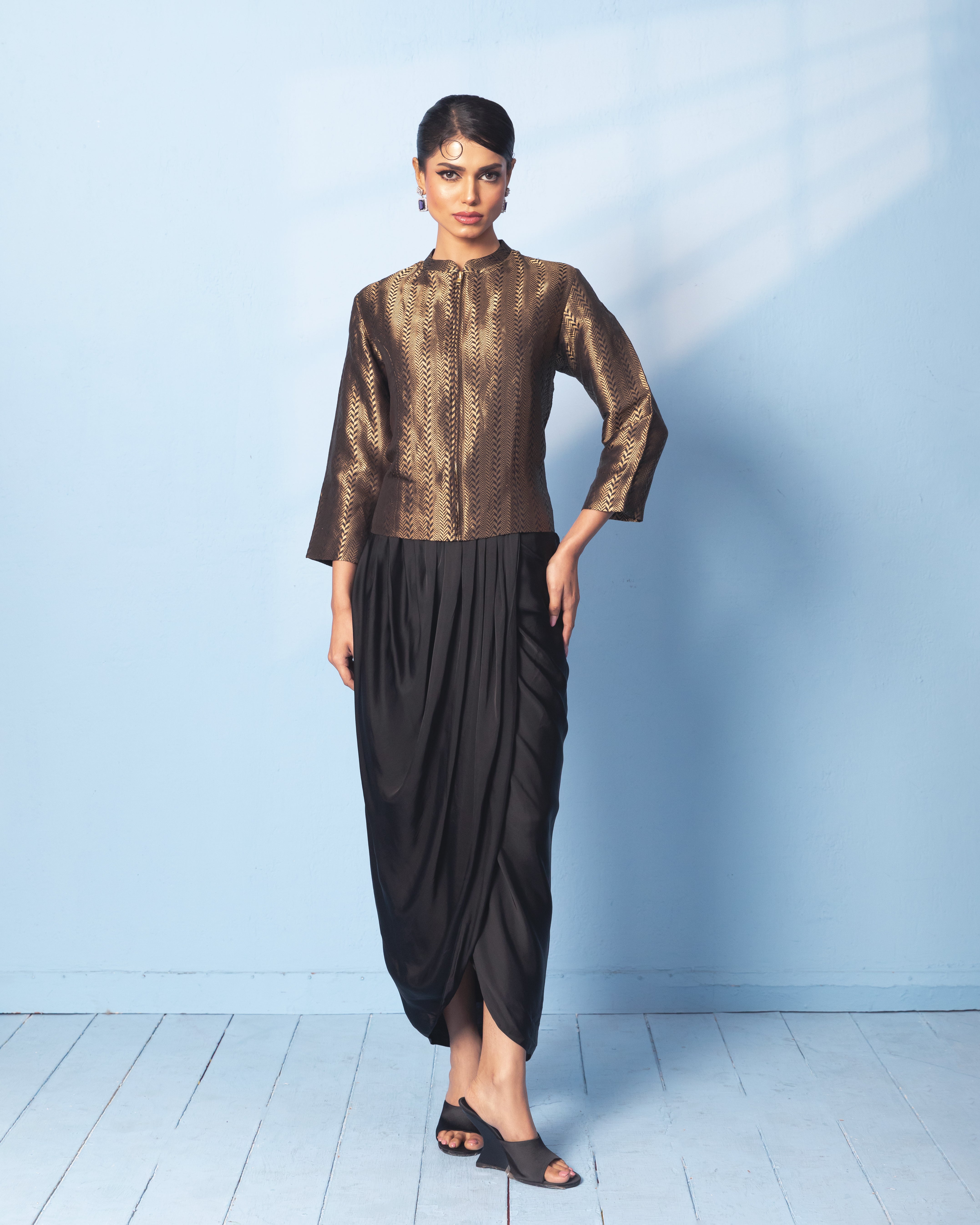 Brocade jacket with drape skirt
