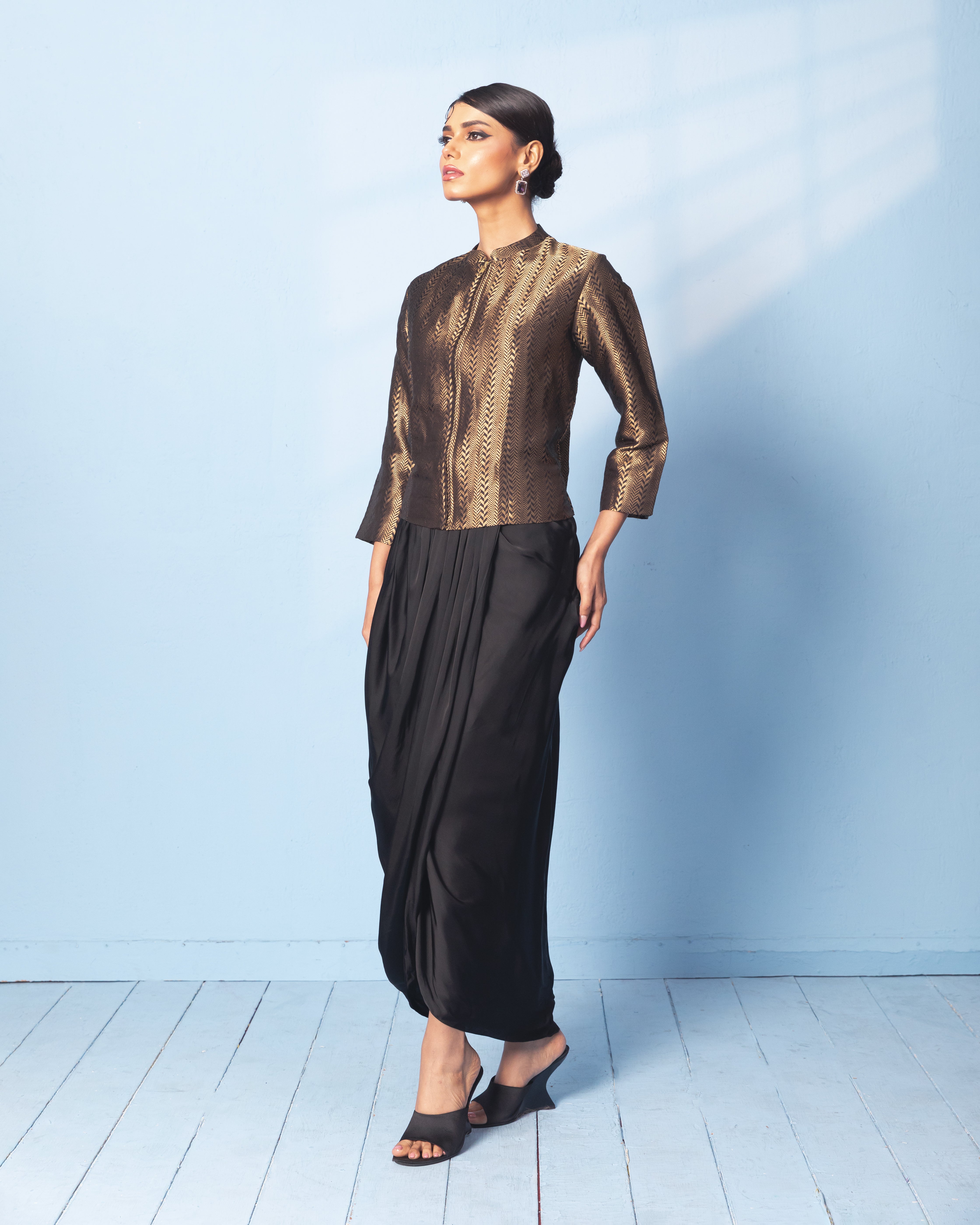 Brocade jacket with drape skirt