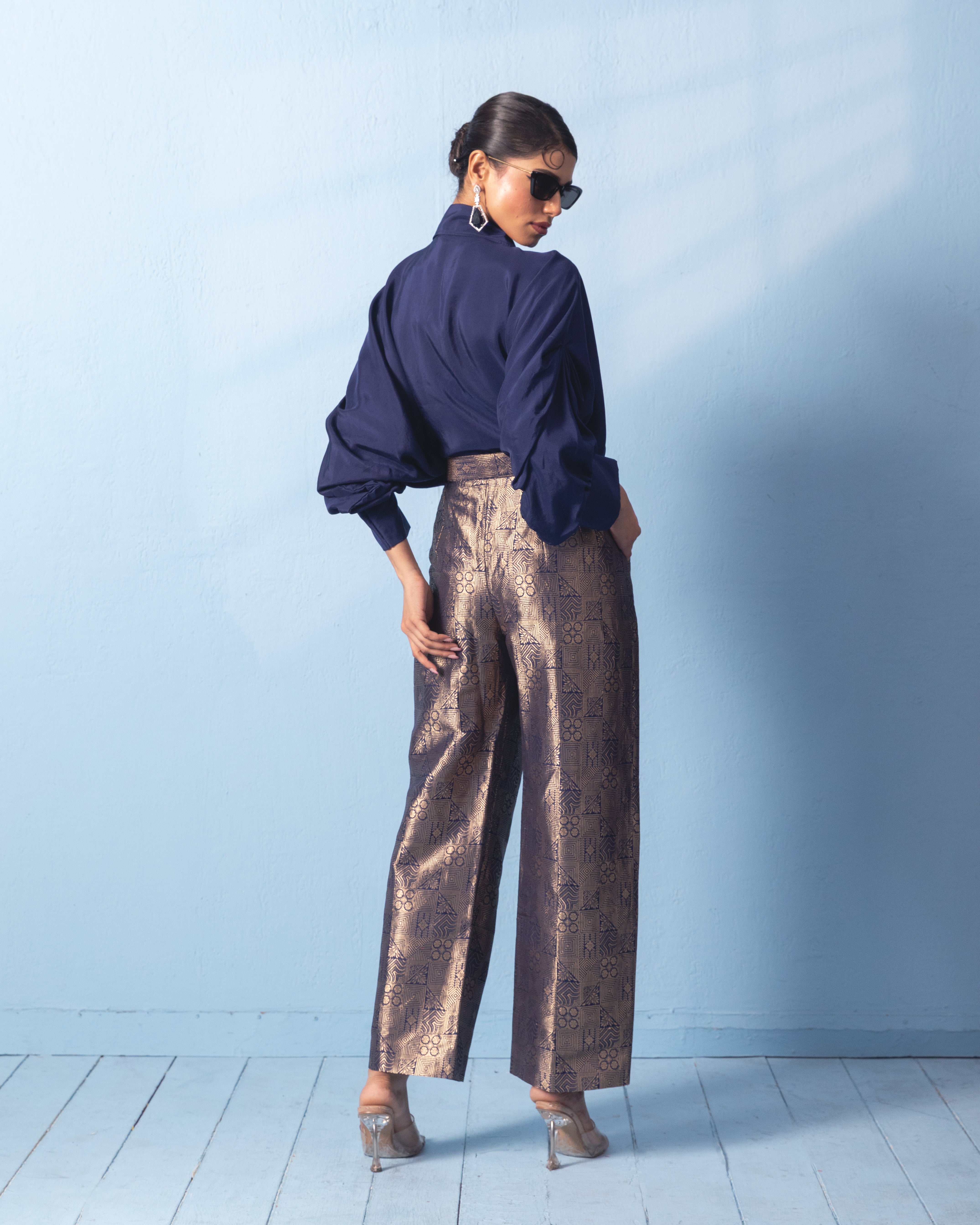 Blue silk shirt with brocade pants