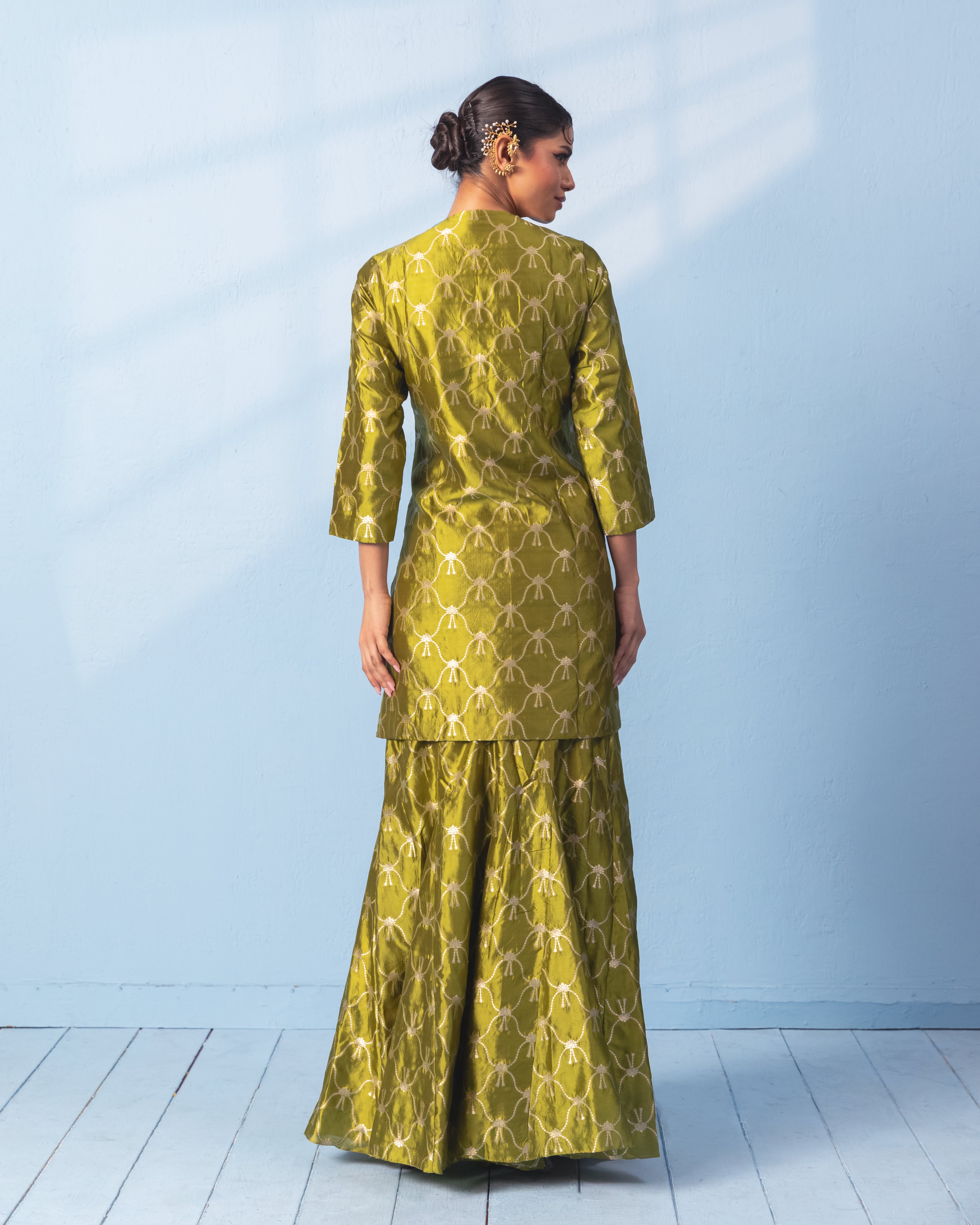 Green Silk Woven Zari Sharara Set with organza dupatta