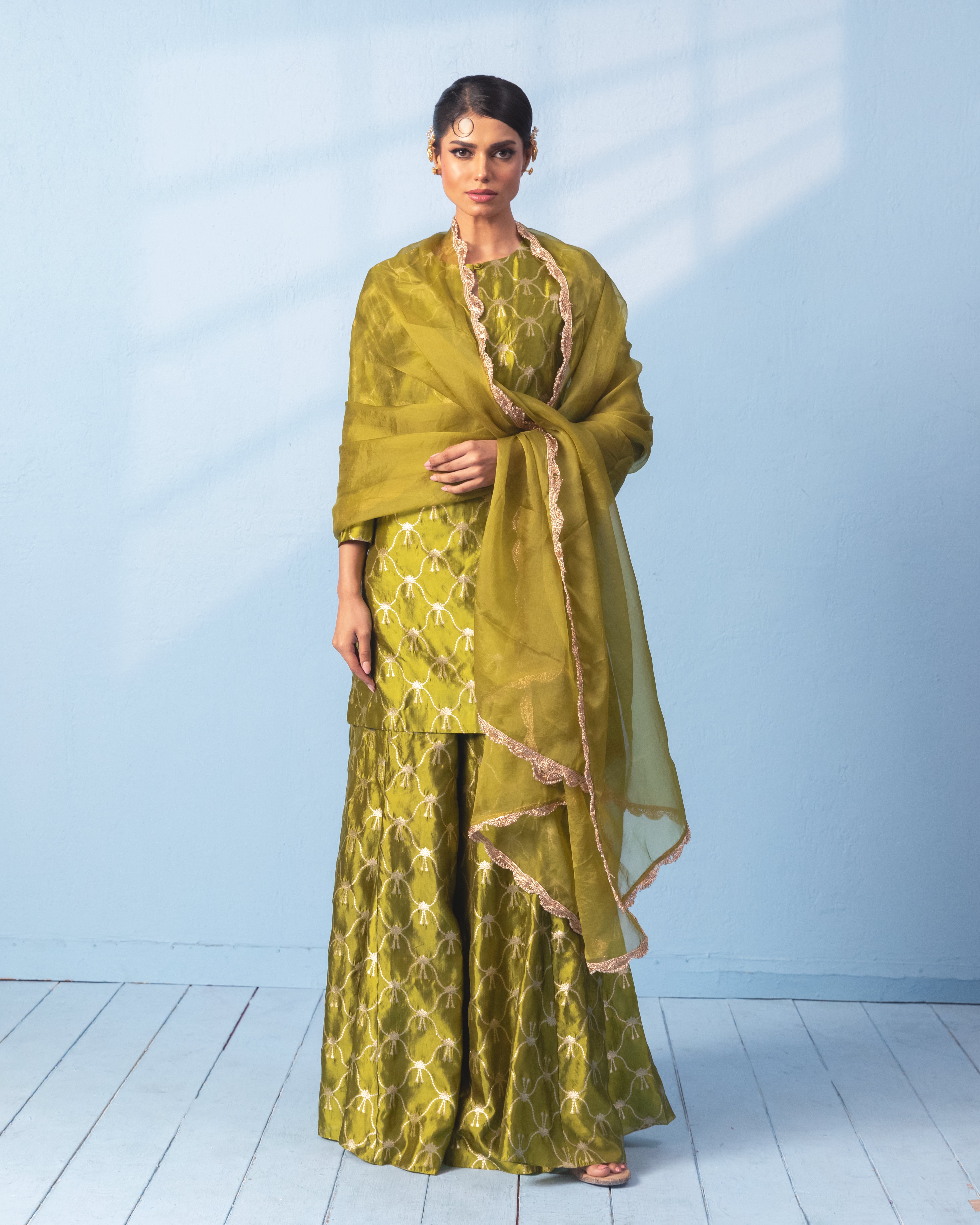 Green Silk Woven Zari Sharara Set with organza dupatta