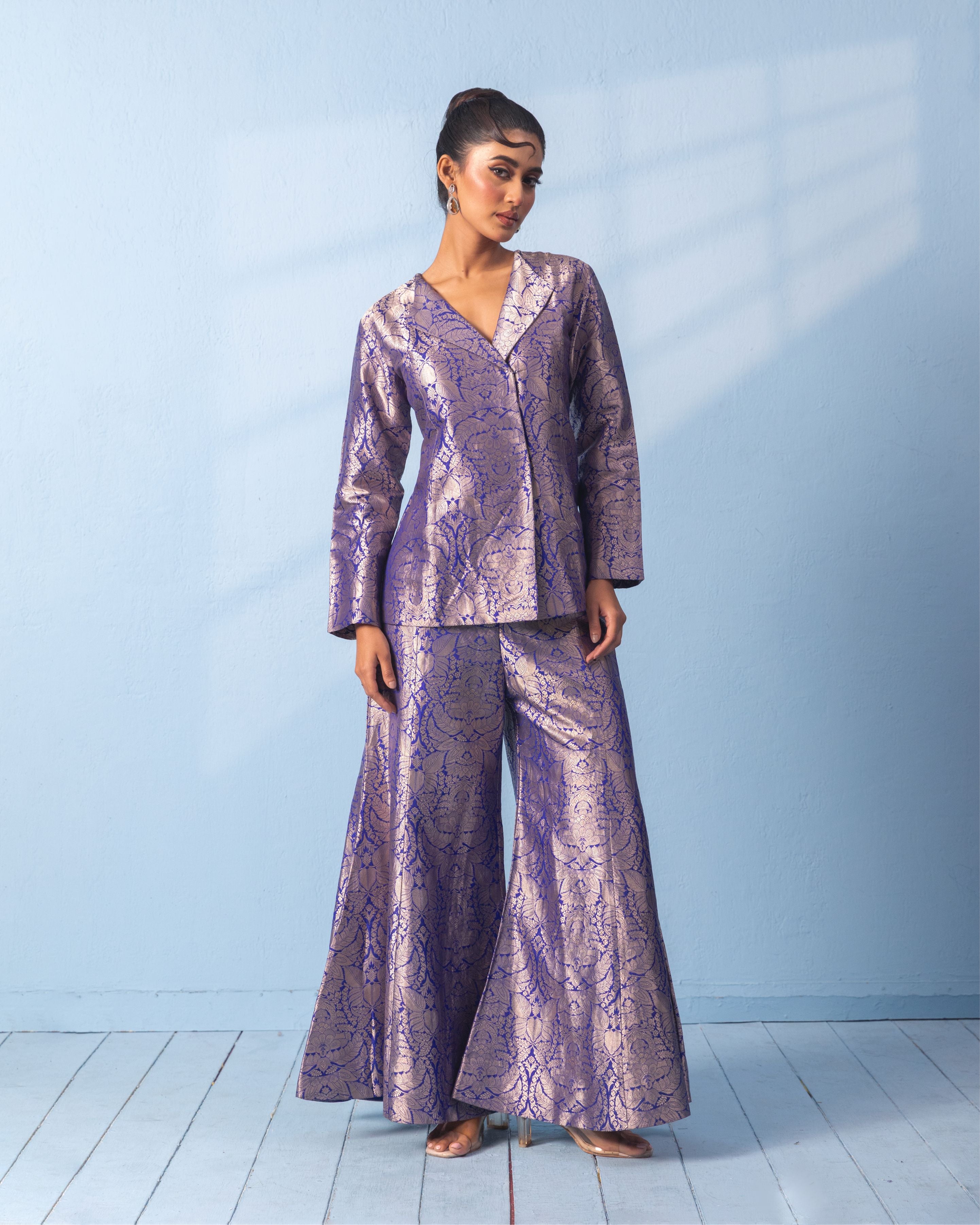 Blue Brocade Blazer Coord set