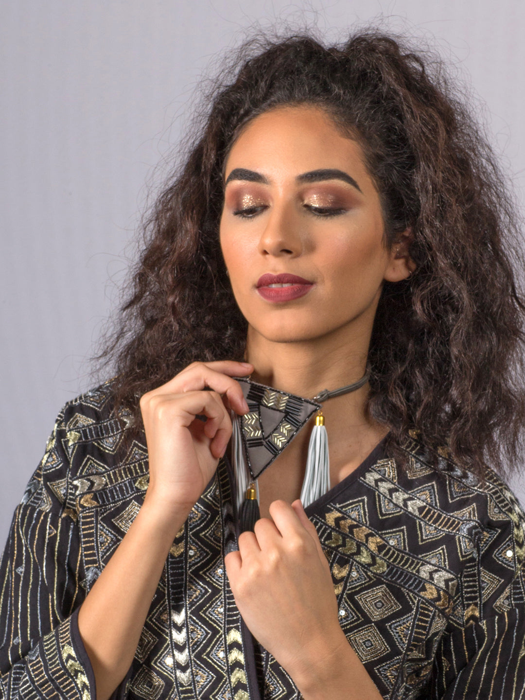 Trikon 2 - Grey, Black And White Recycled Leather Neckpiece