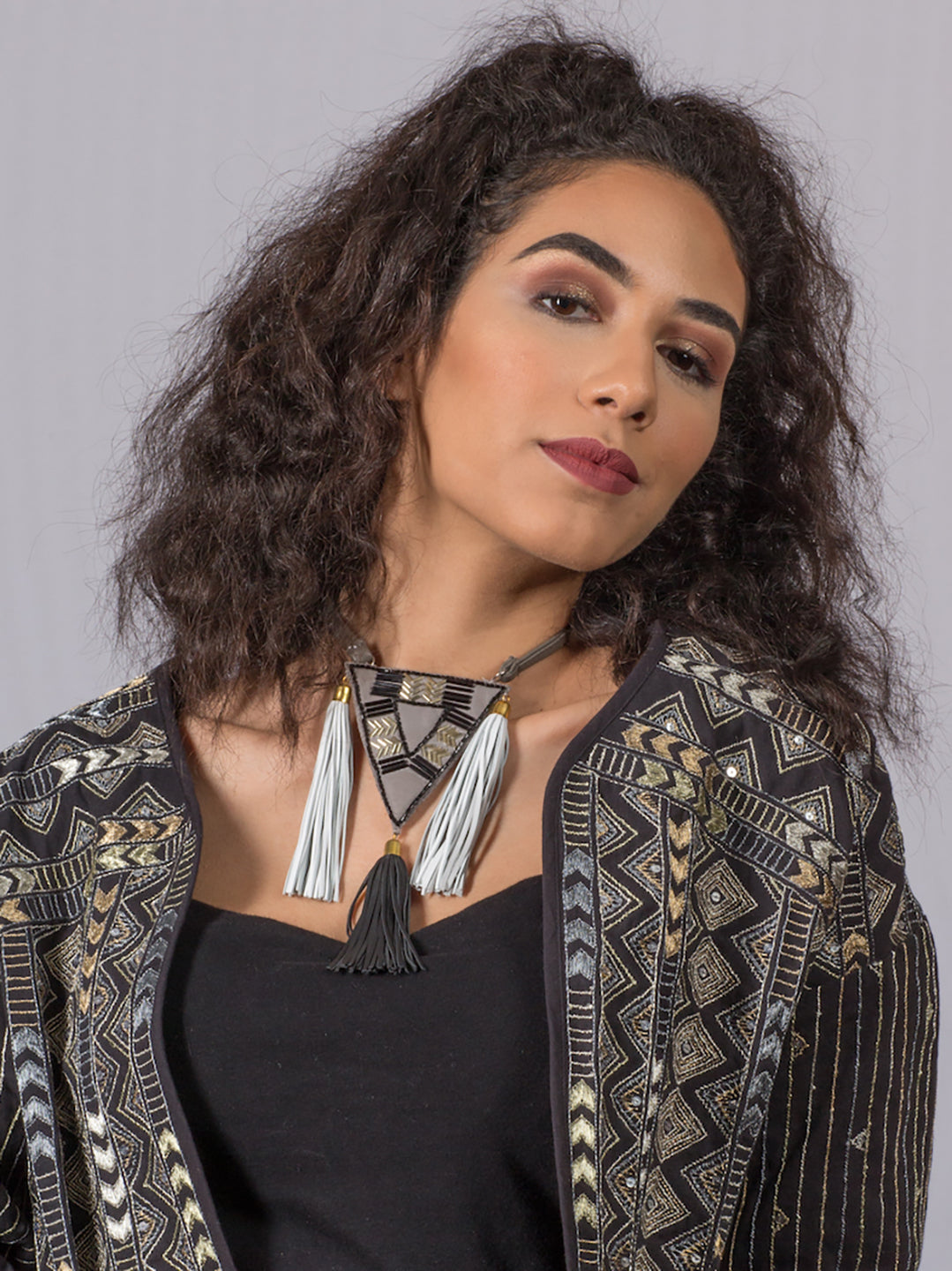 Trikon 2 - Grey, Black And White Recycled Leather Neckpiece