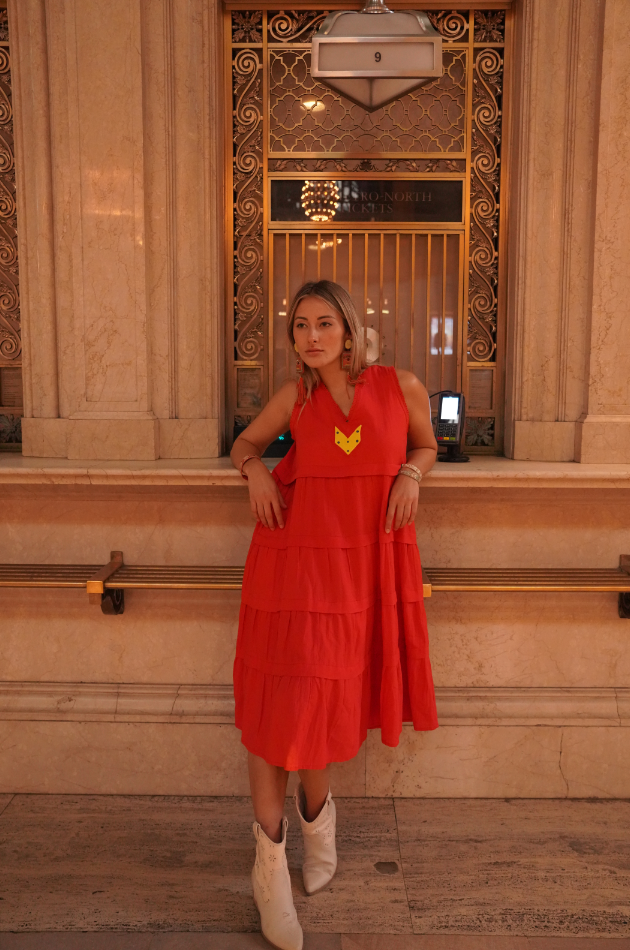 Isla - Persimmon Cotton Mid-Calf Length Dress