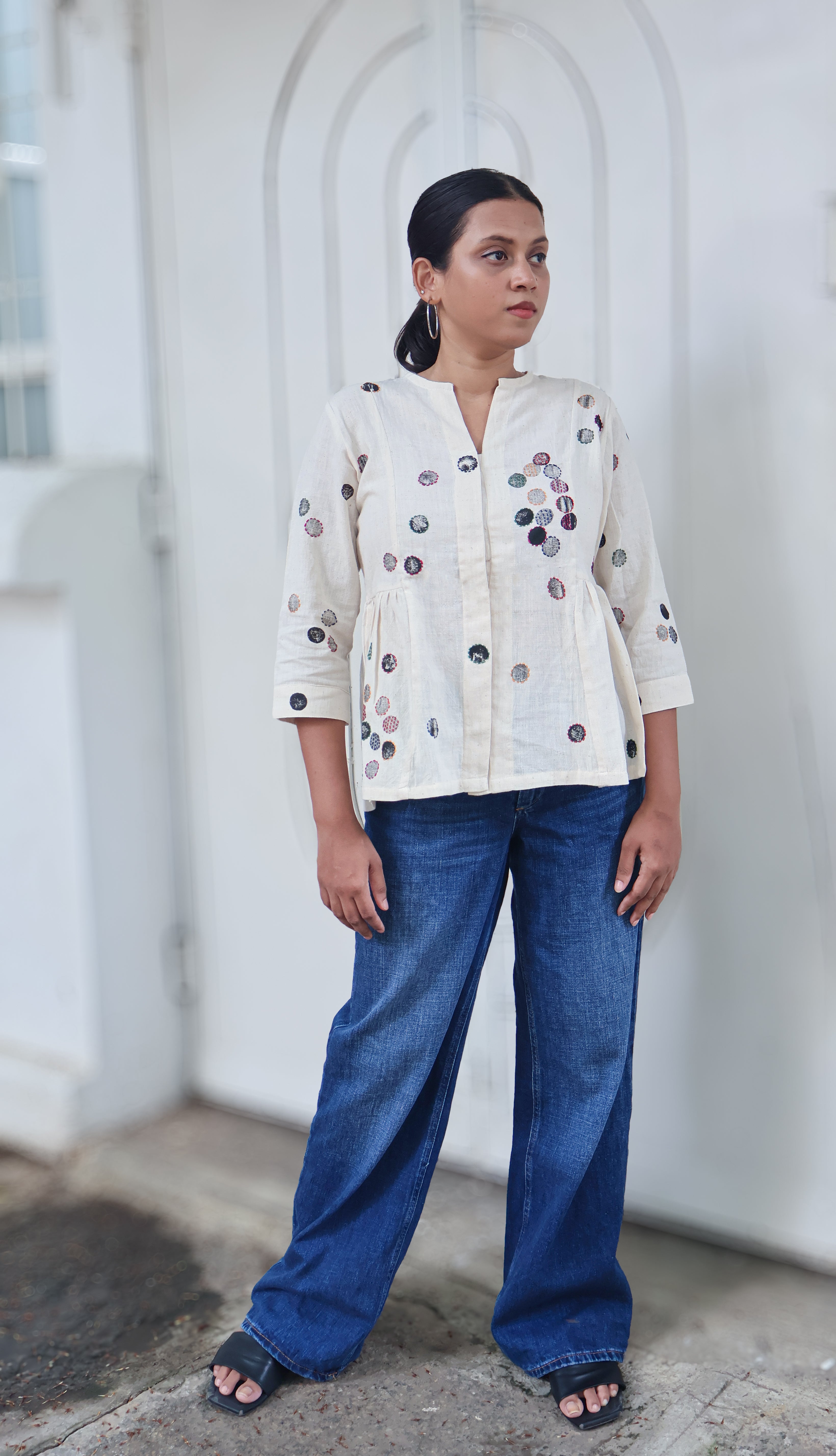 Kora-Black Polka Handspun & Handwoven Peplum Top