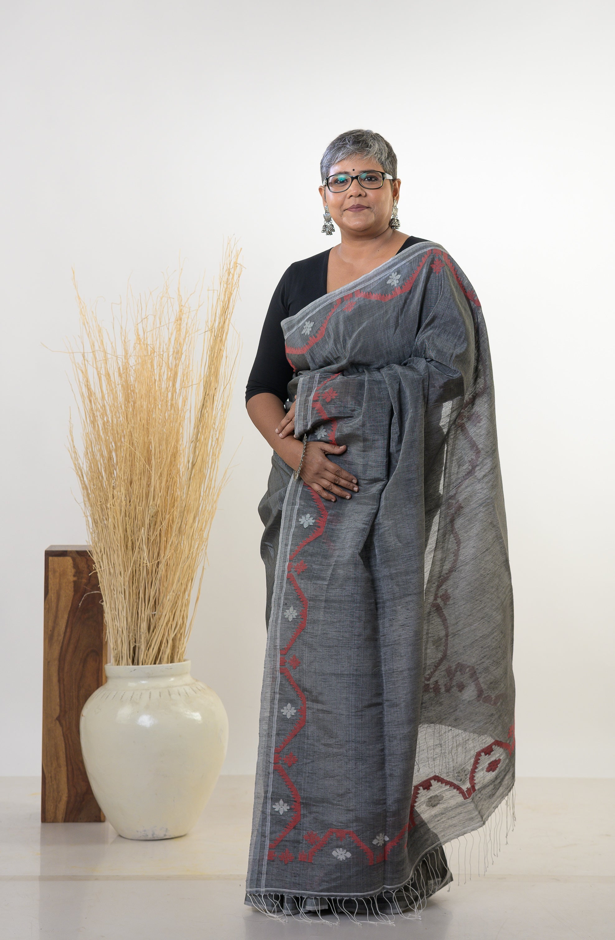 Sreeja - Grey Silk Linen Jamdani Saree