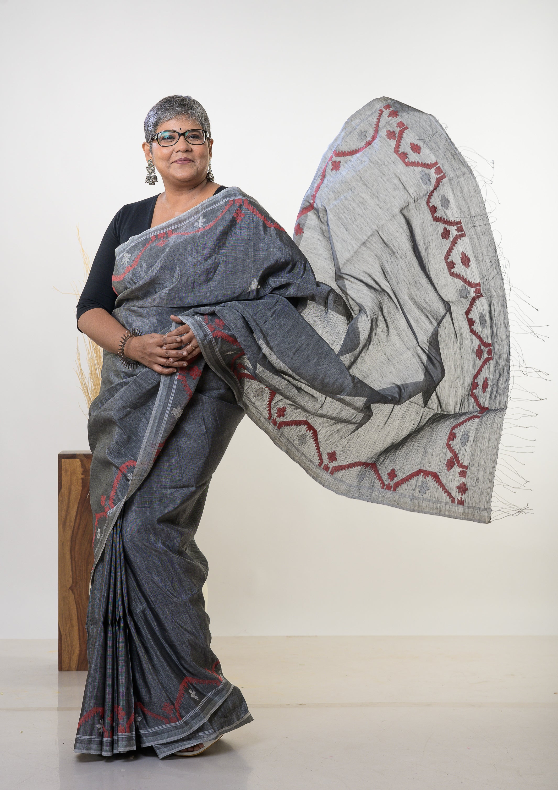 Sreeja - Grey Silk Linen Jamdani Saree