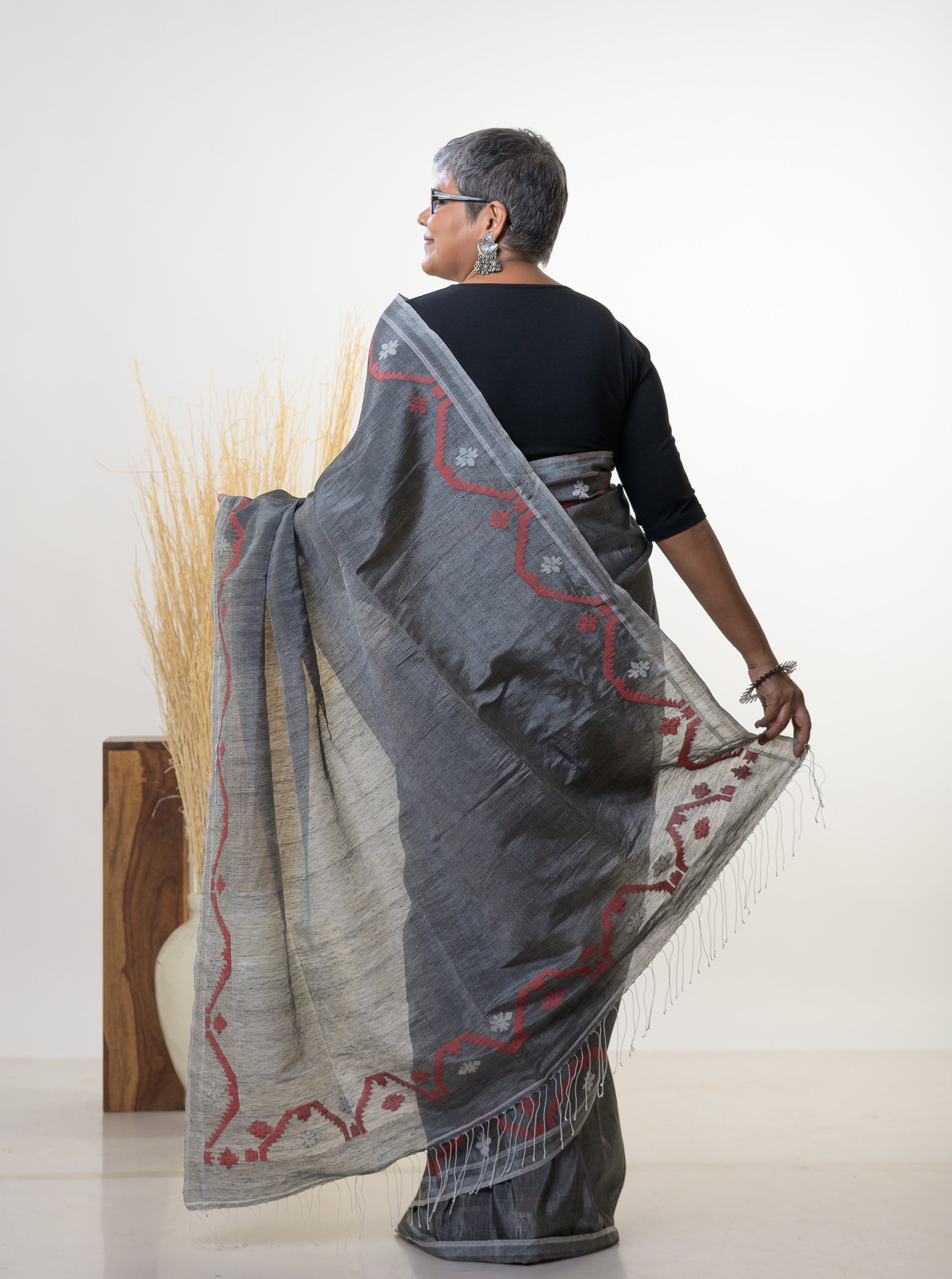Sreeja - Grey Silk Linen Jamdani Saree
