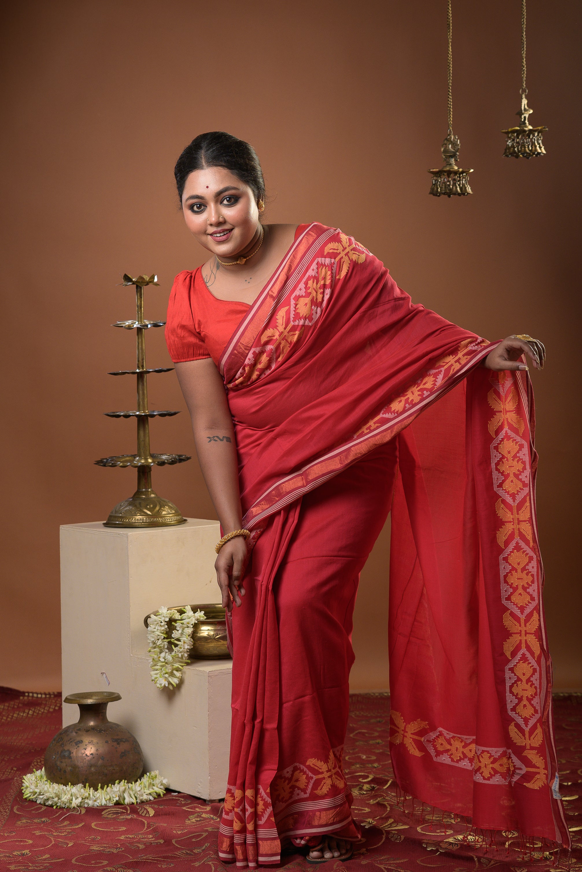 Lalima - Red Handspun Cotton Jamdani Saree