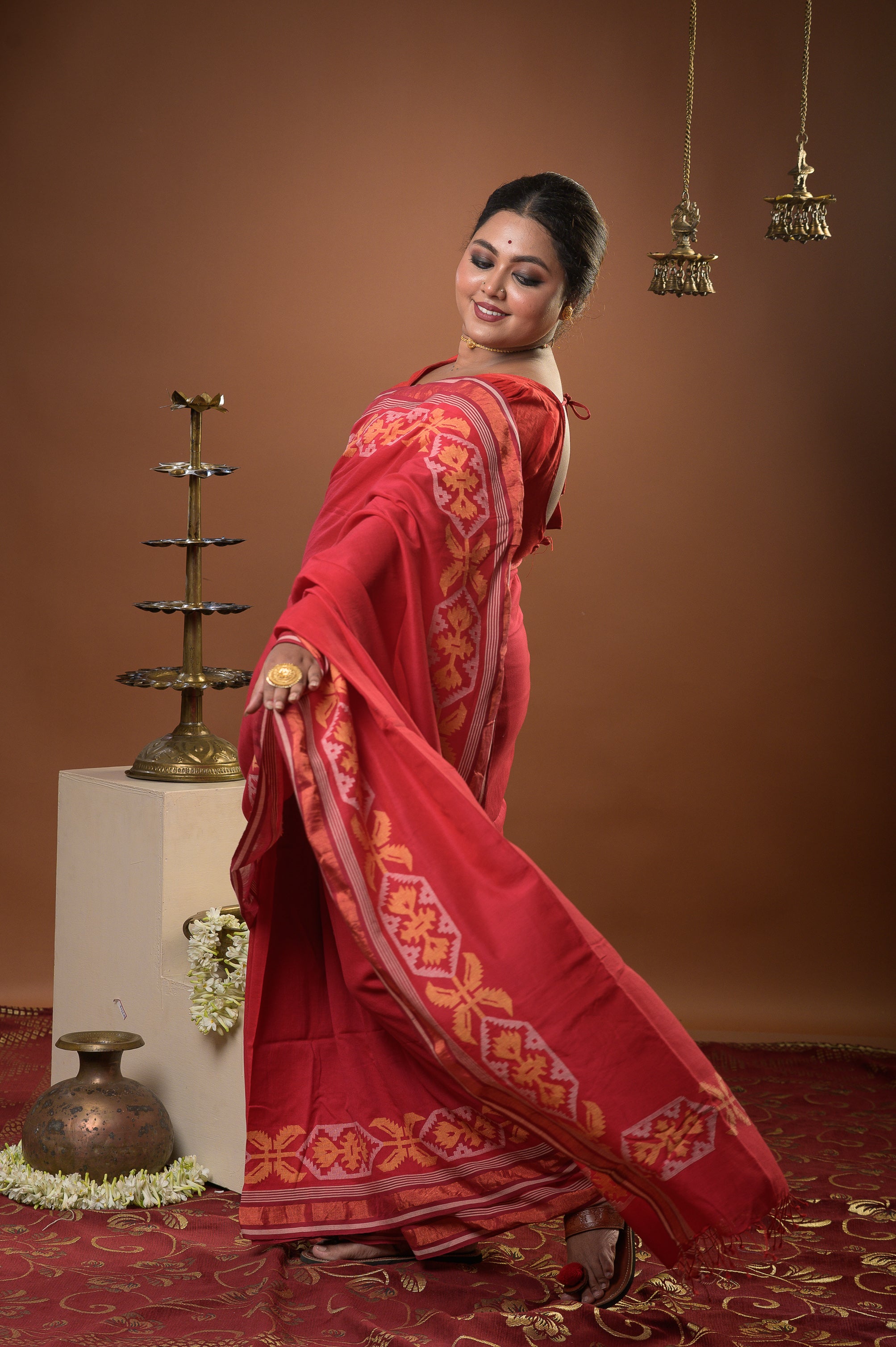 Lalima - Red Handspun Cotton Jamdani Saree