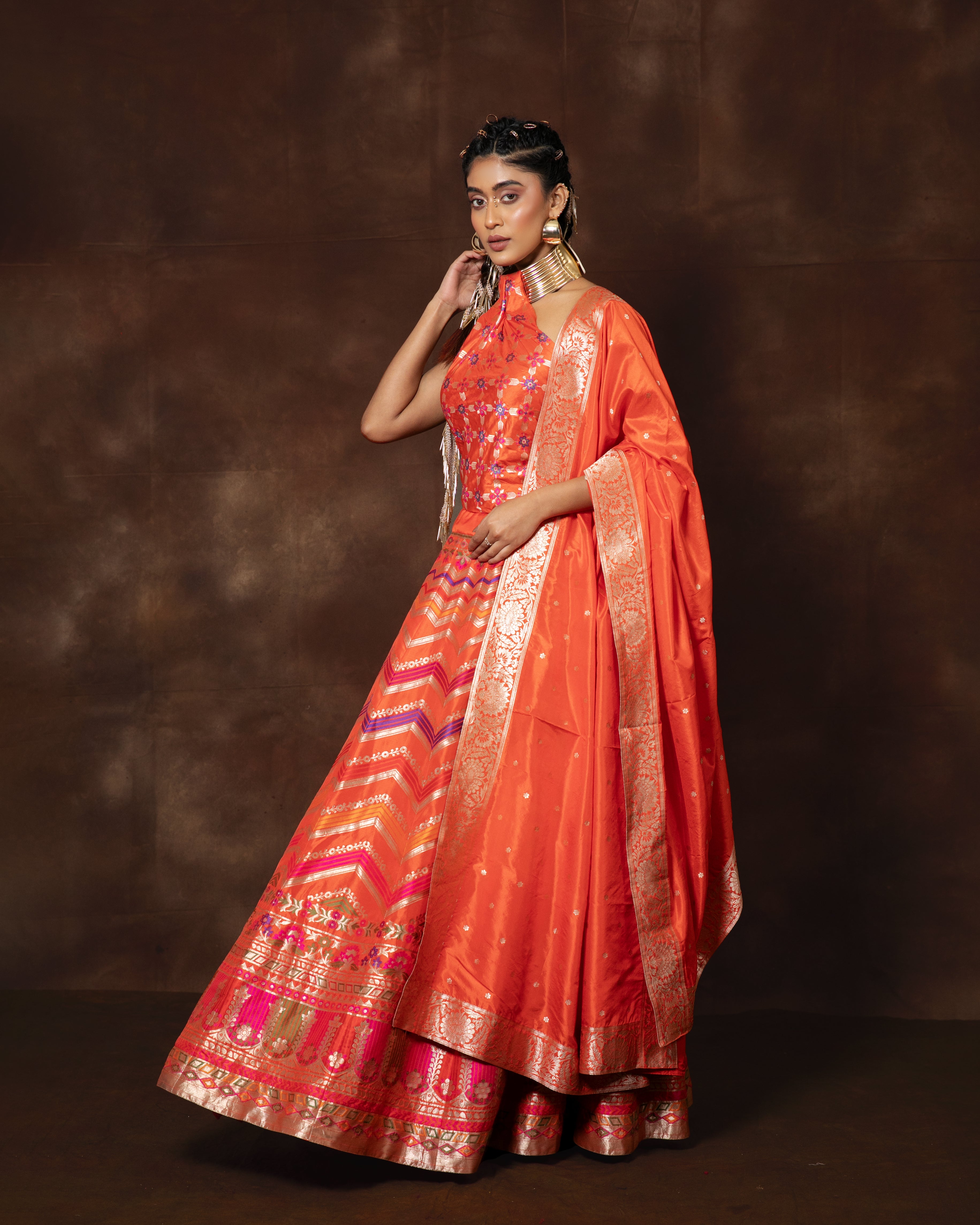 Orange Handwoven Banarasi Silk Lehenga