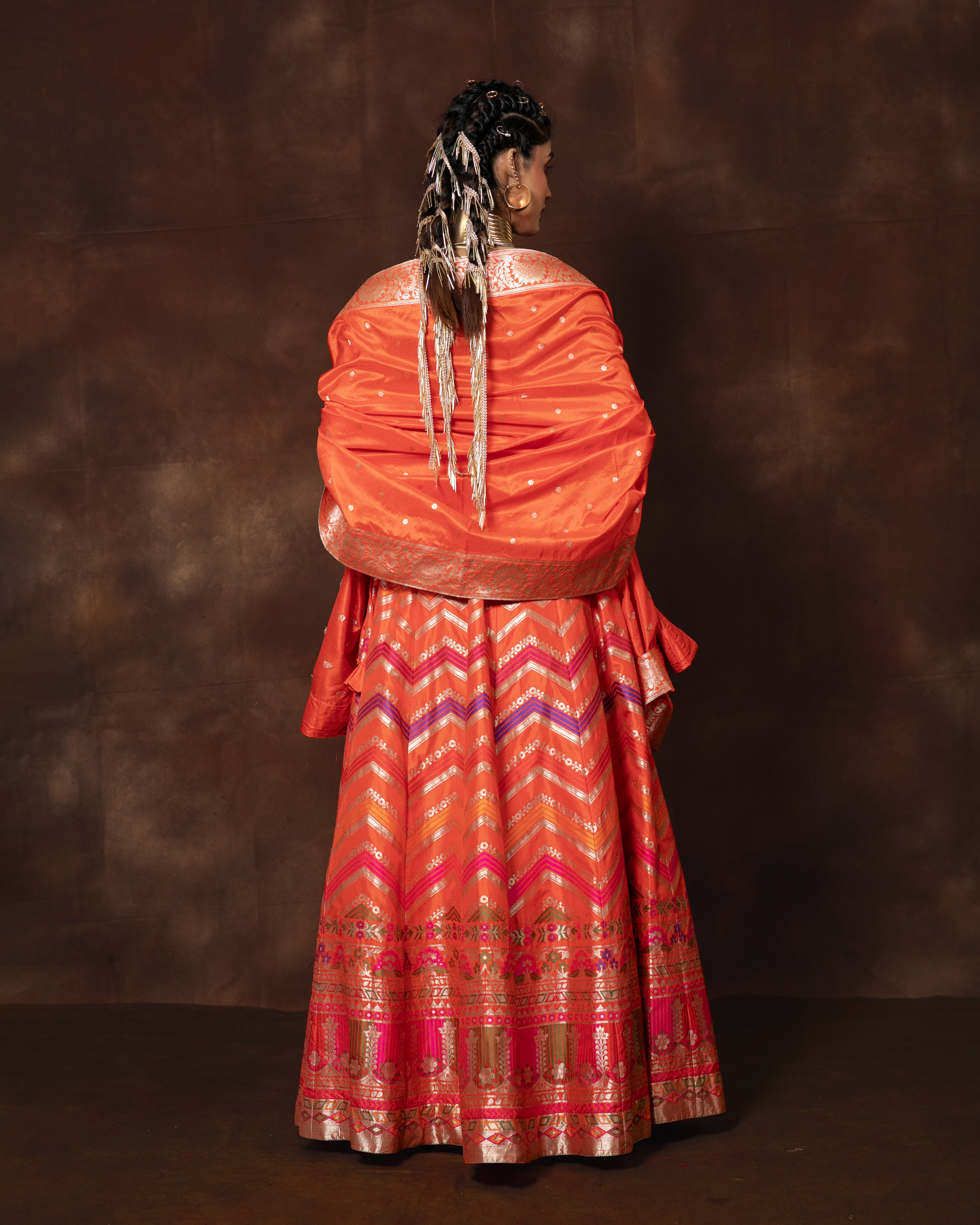 Orange Handwoven Banarasi Silk Lehenga