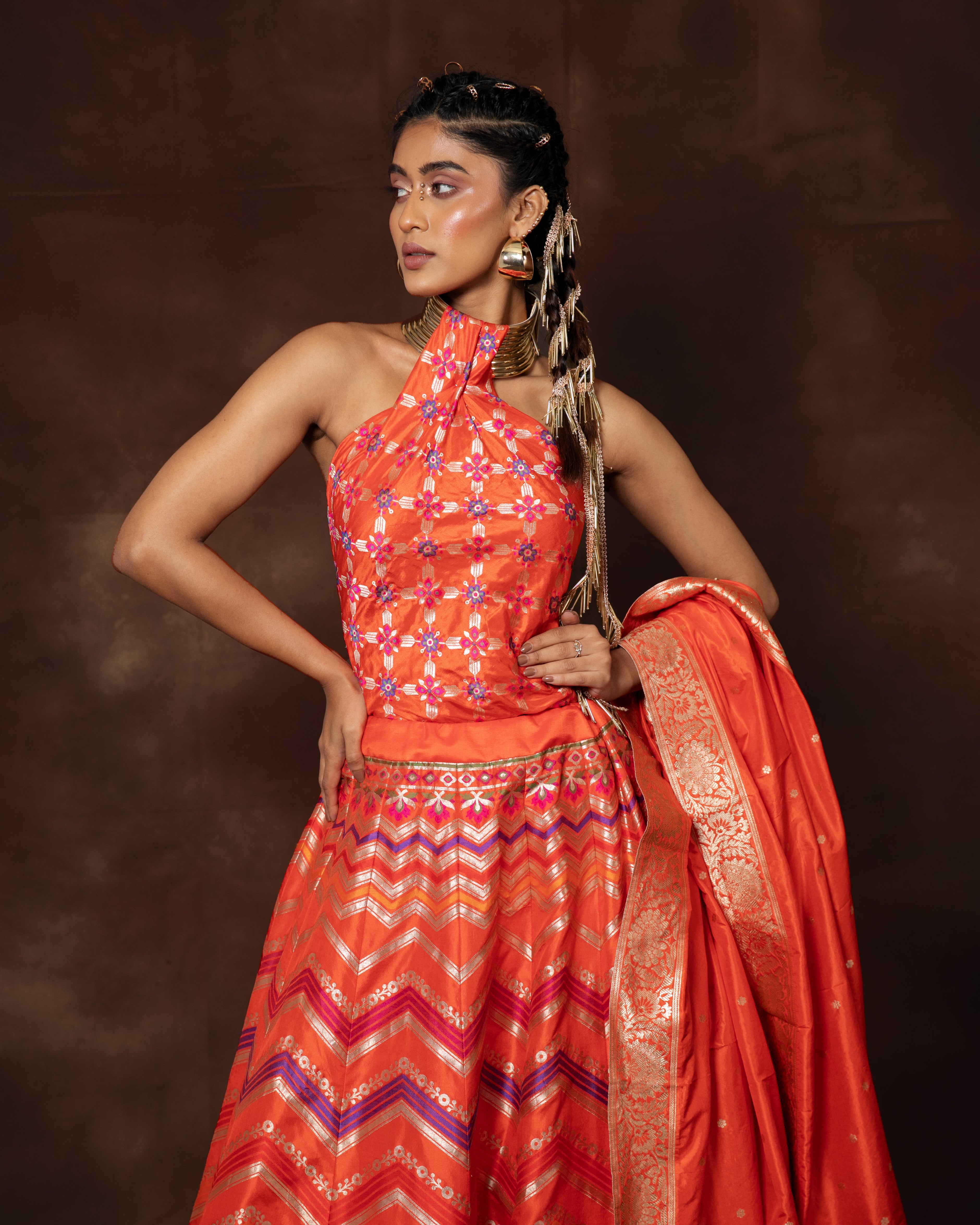 Orange Handwoven Banarasi Silk Lehenga