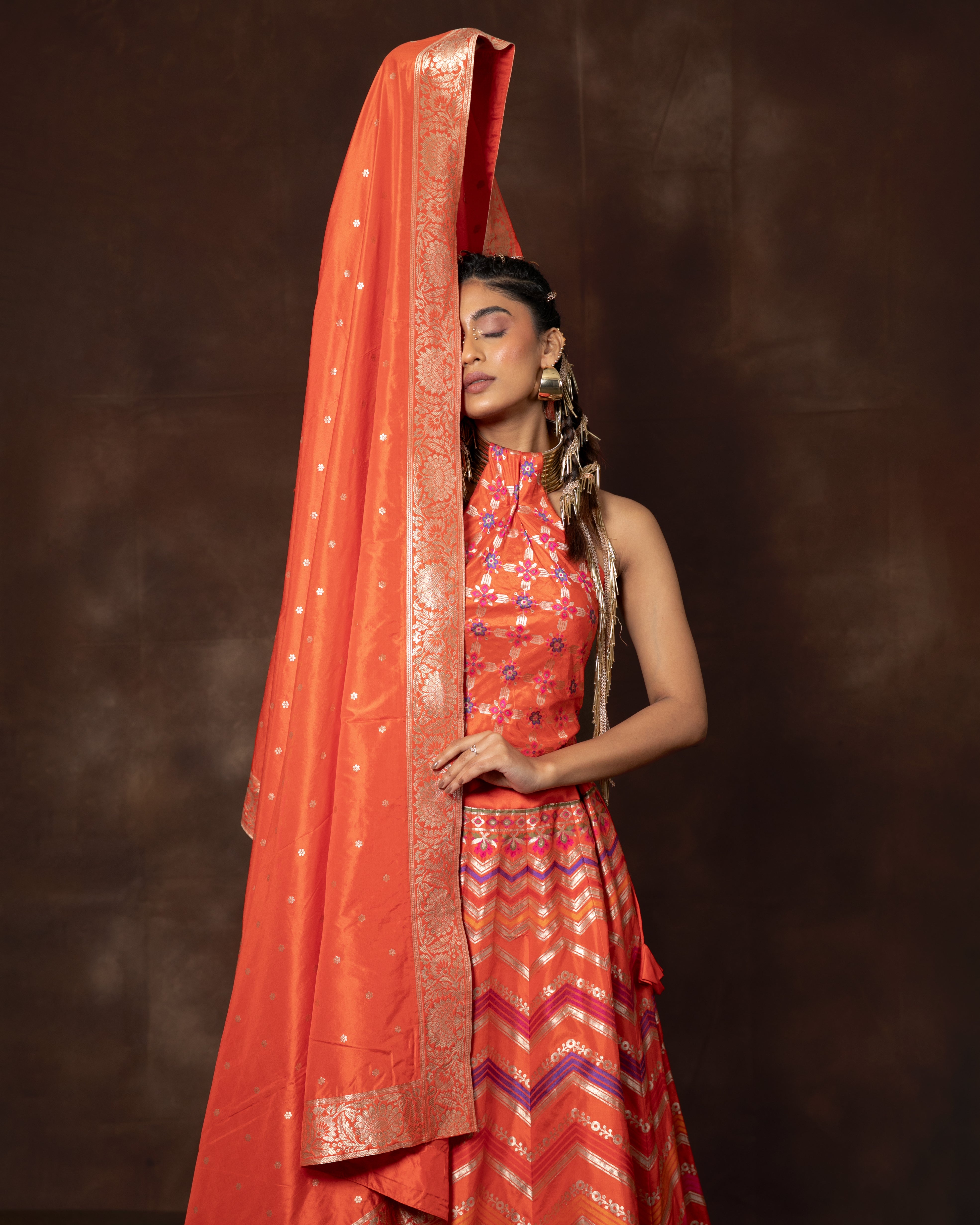Orange Handwoven Banarasi Silk Lehenga