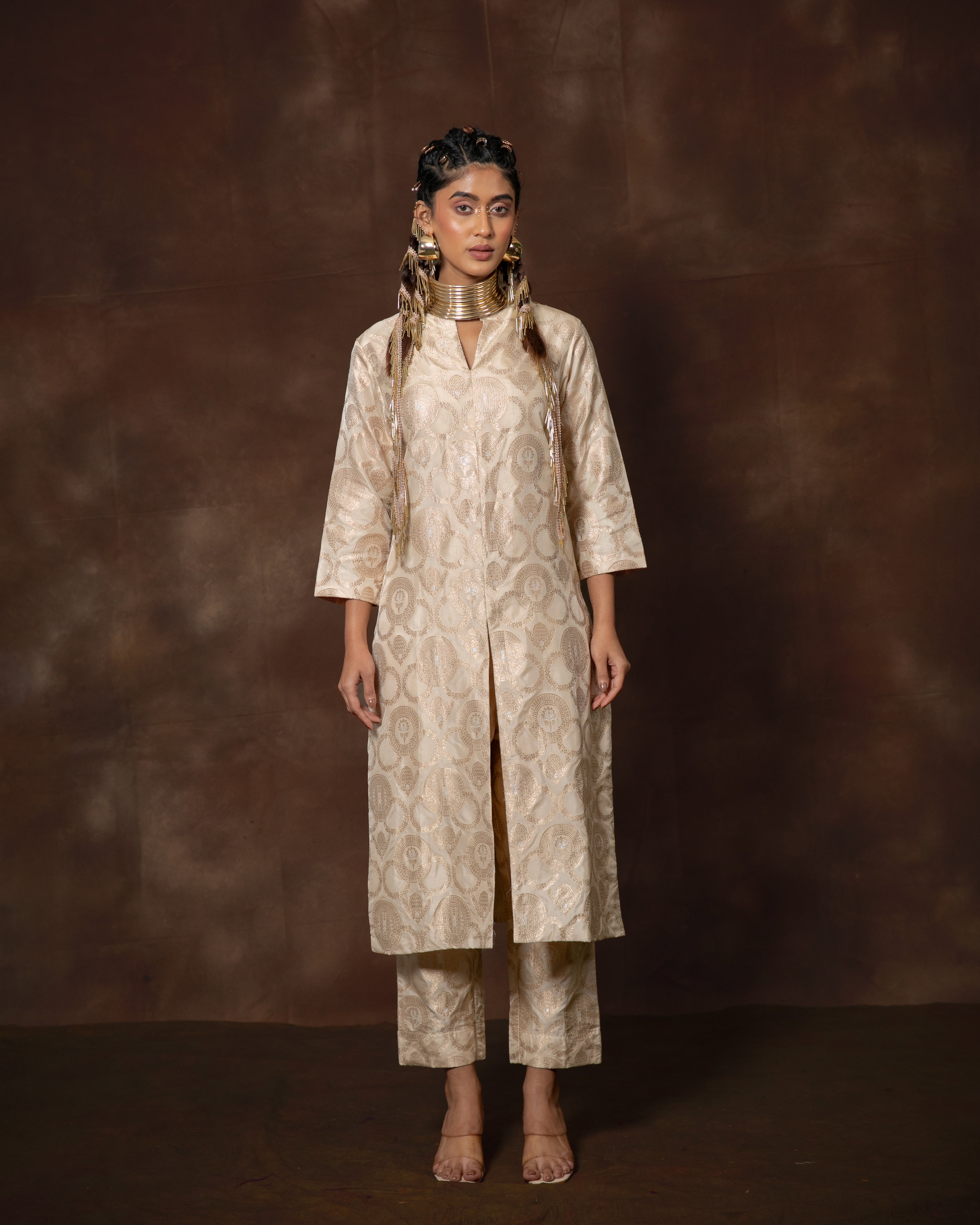 White Handwoven Banarasi Silk Kurta Set