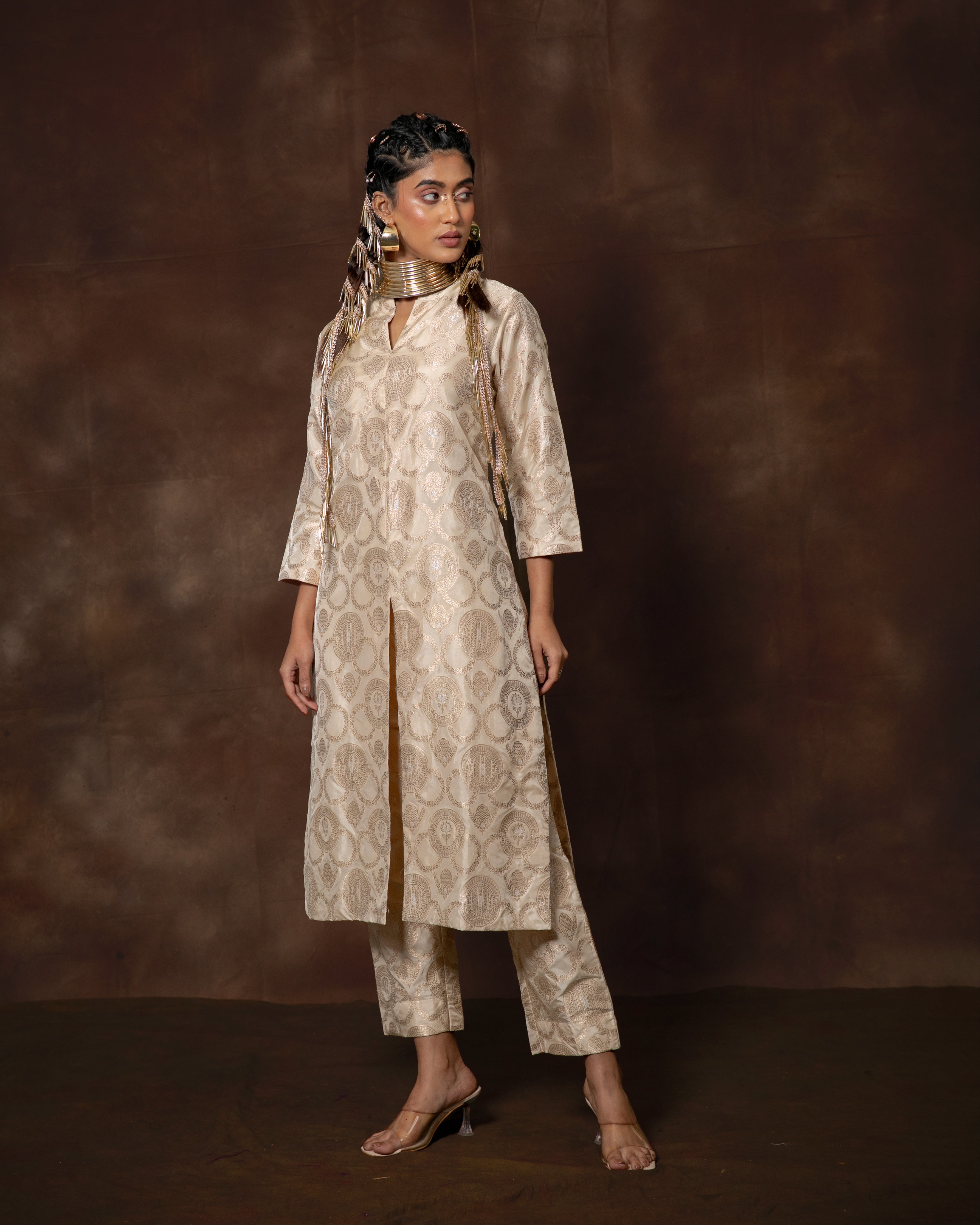 White Handwoven Banarasi Silk Kurta Set