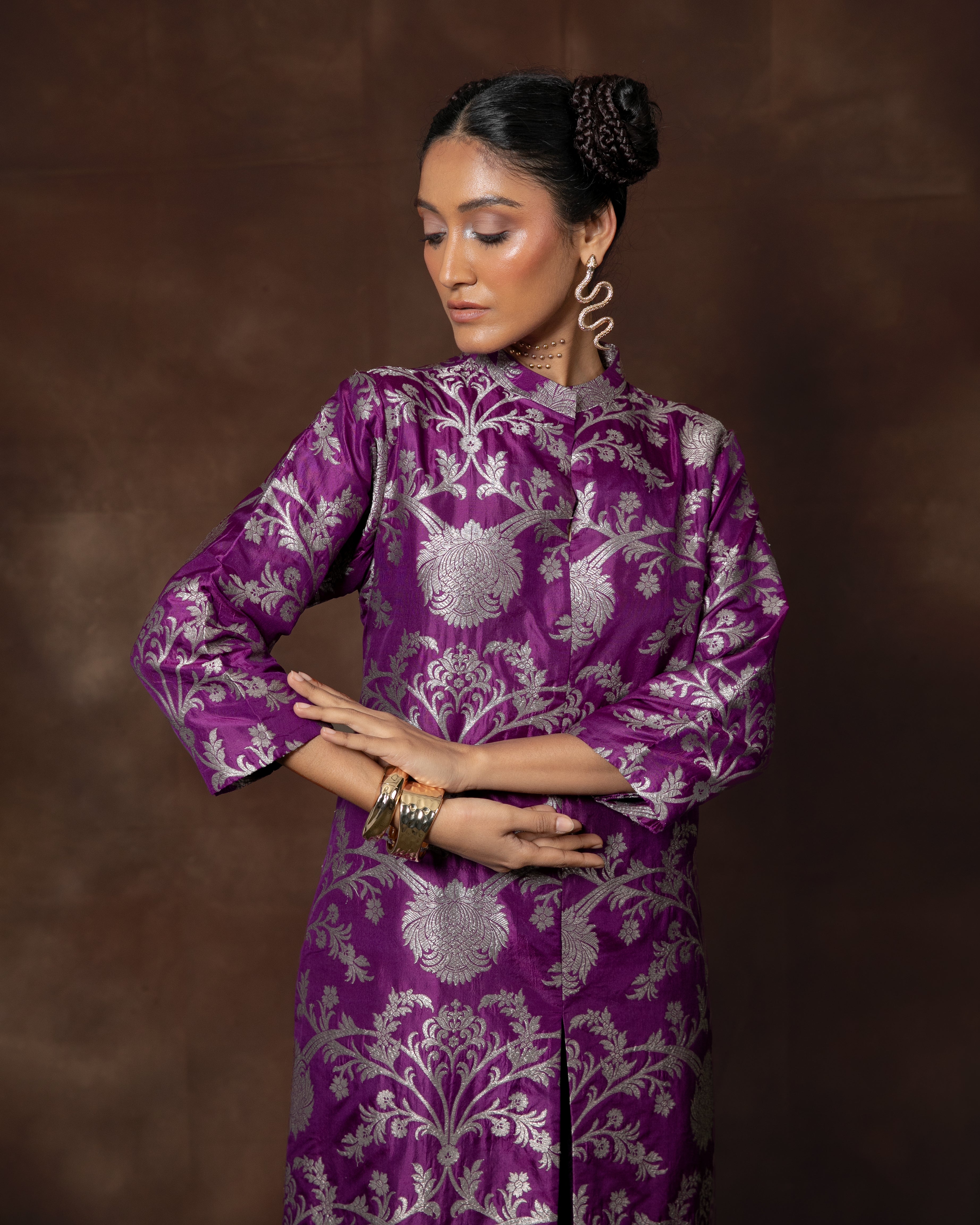 Purple Handwoven Banarasi Silk Kurta Set