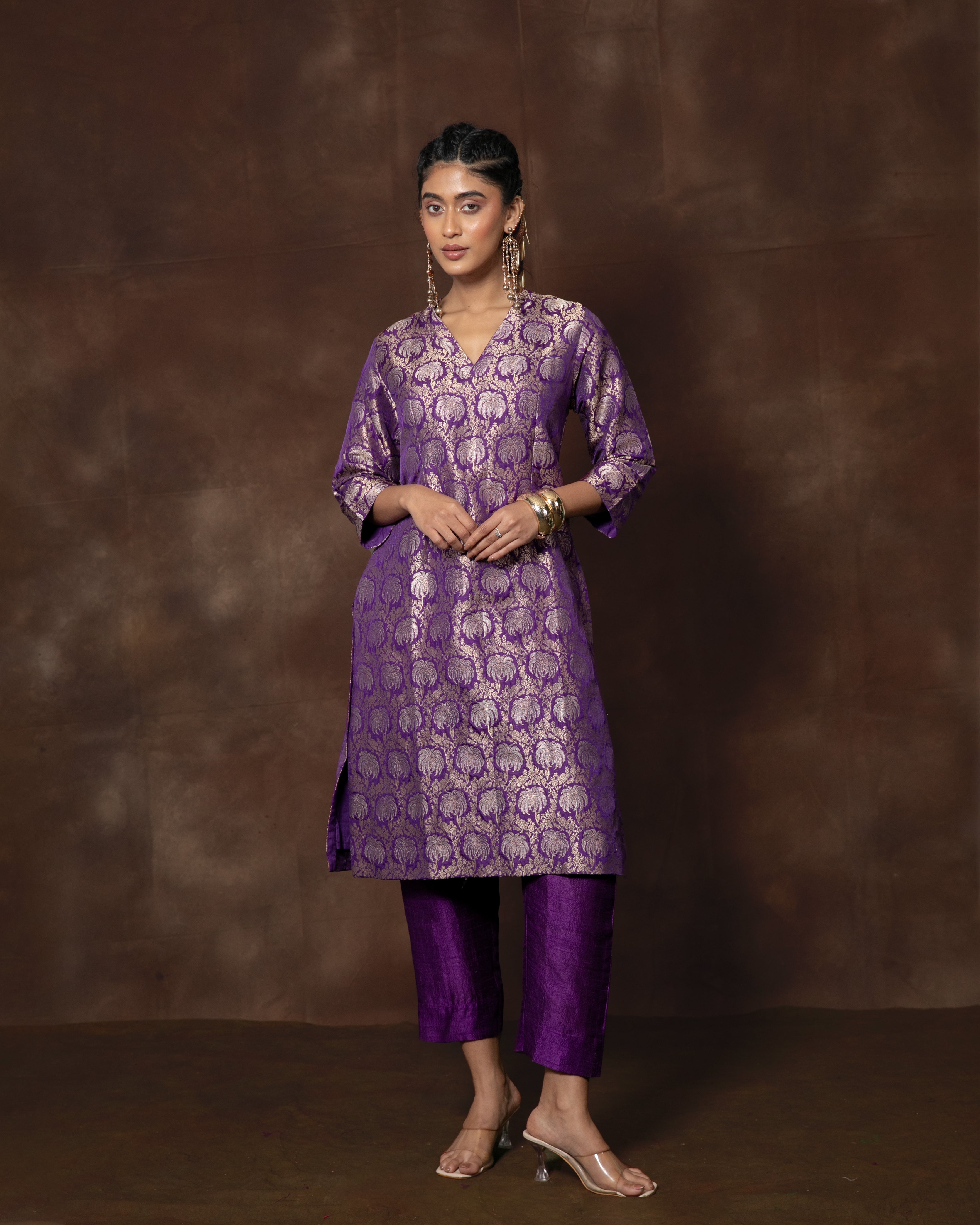 Purple Handwoven Banarasi Silk Kurta Set