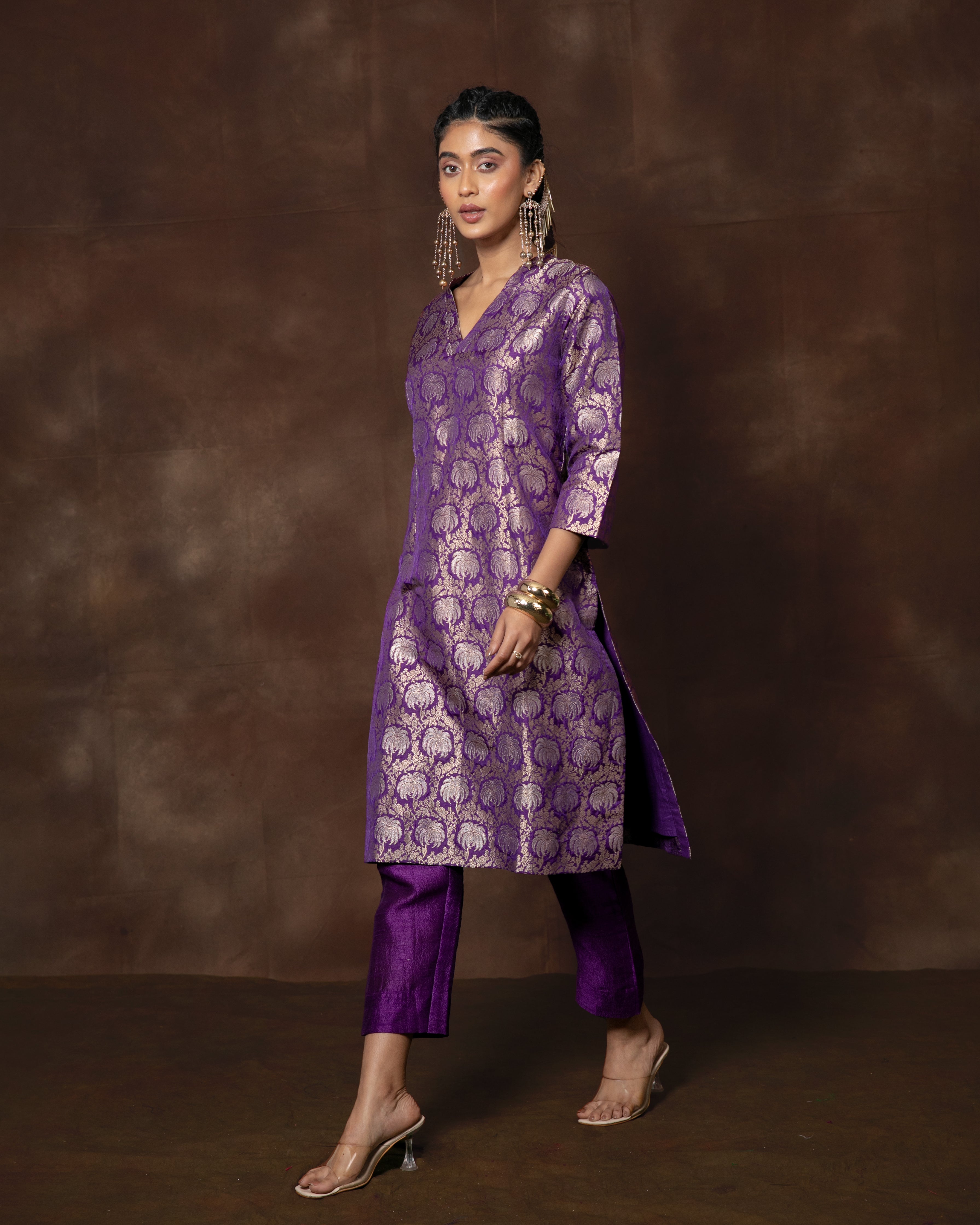Purple Handwoven Banarasi Silk Kurta Set