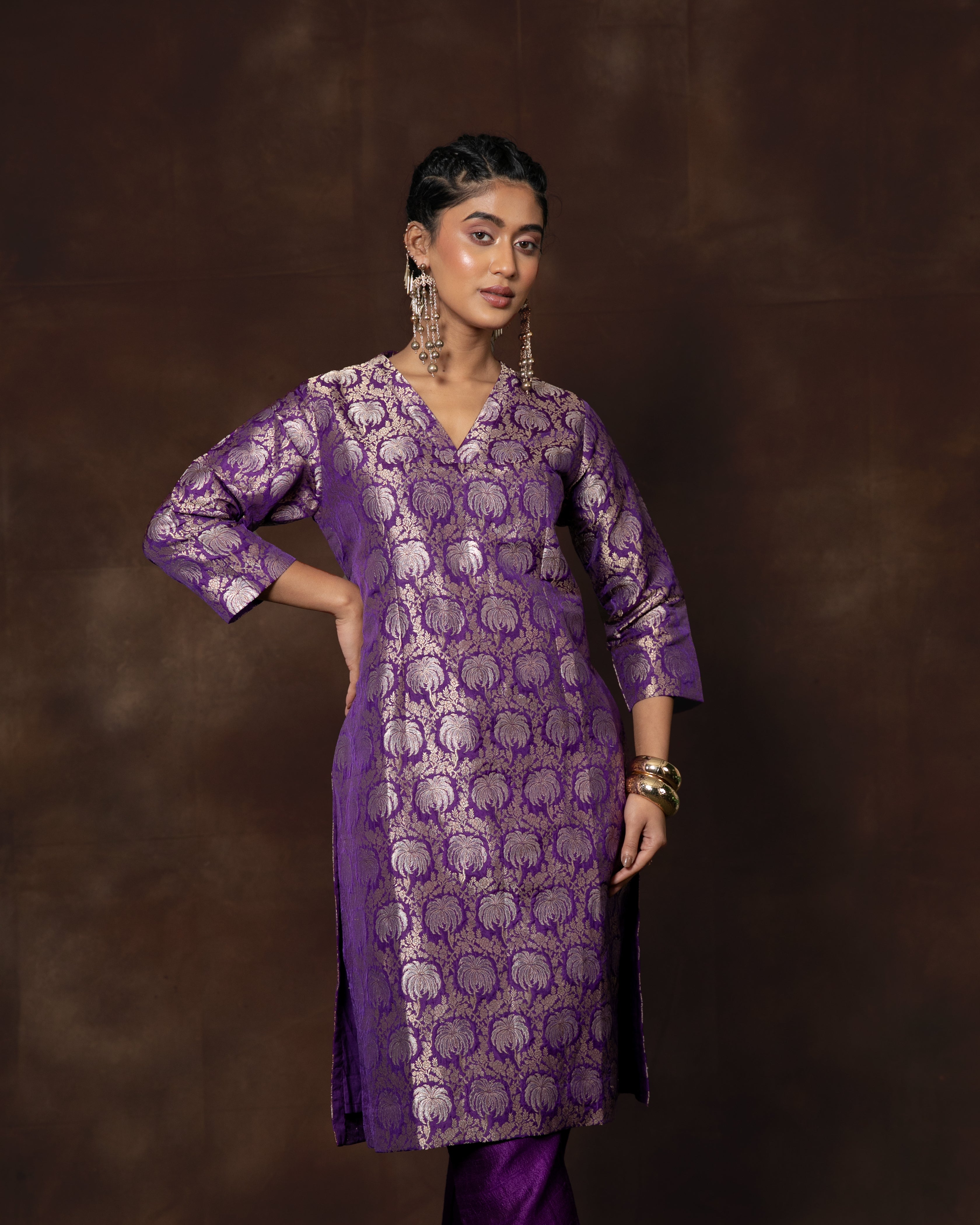 Purple Handwoven Banarasi Silk Kurta Set