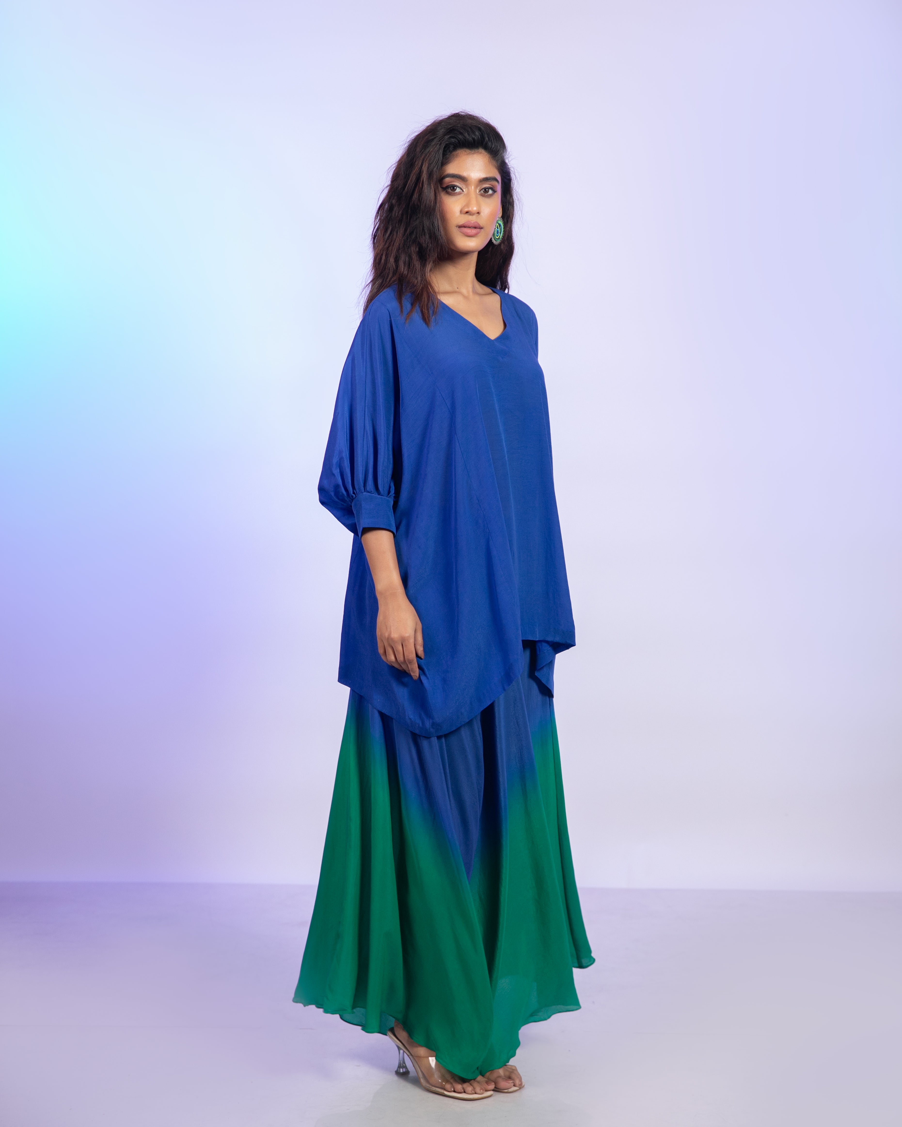 Ombre Blue And Green Crepe Co-Ord Set