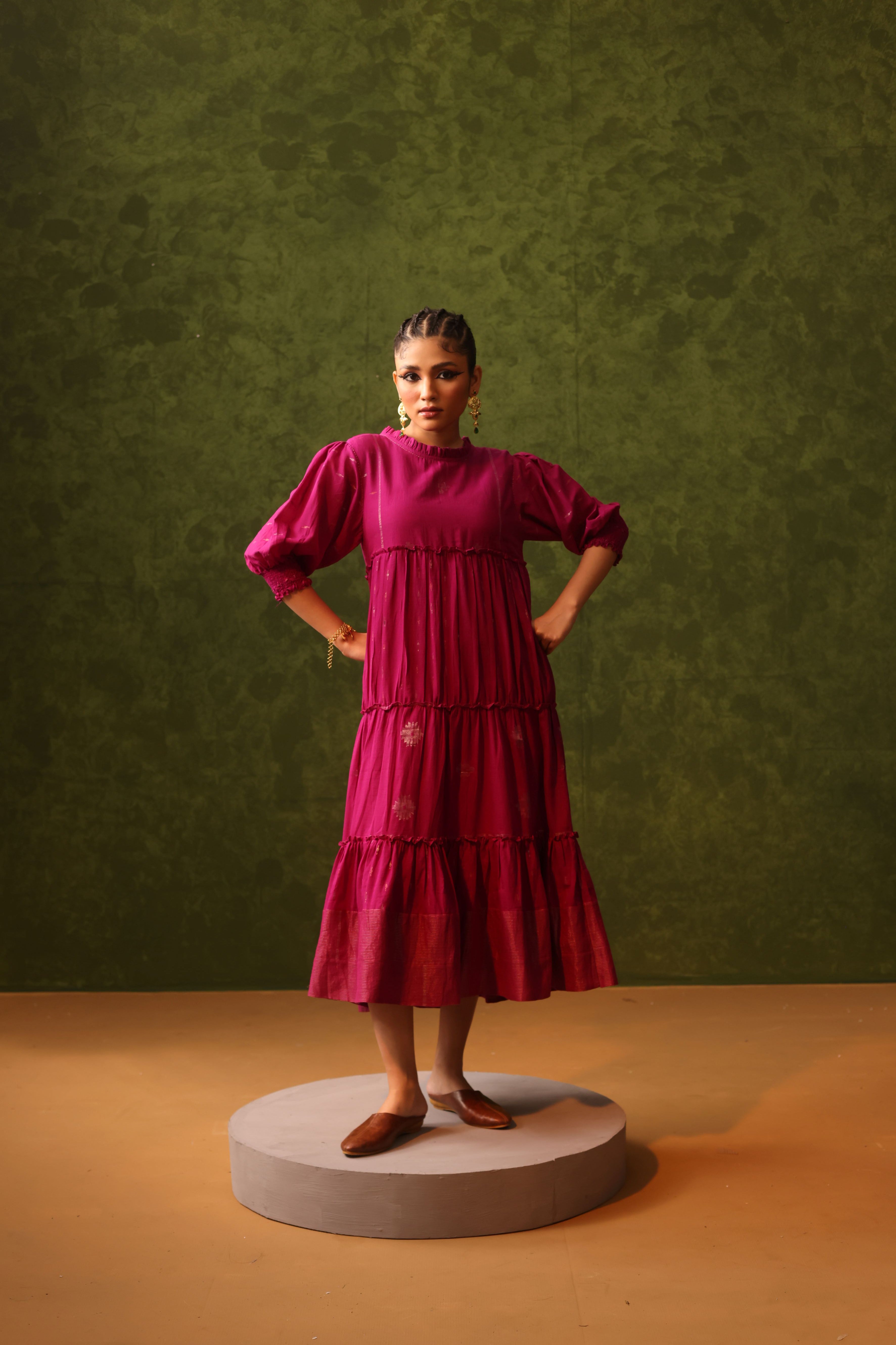 Rani - Magenta Handwoven Cotton Jamdani Dress