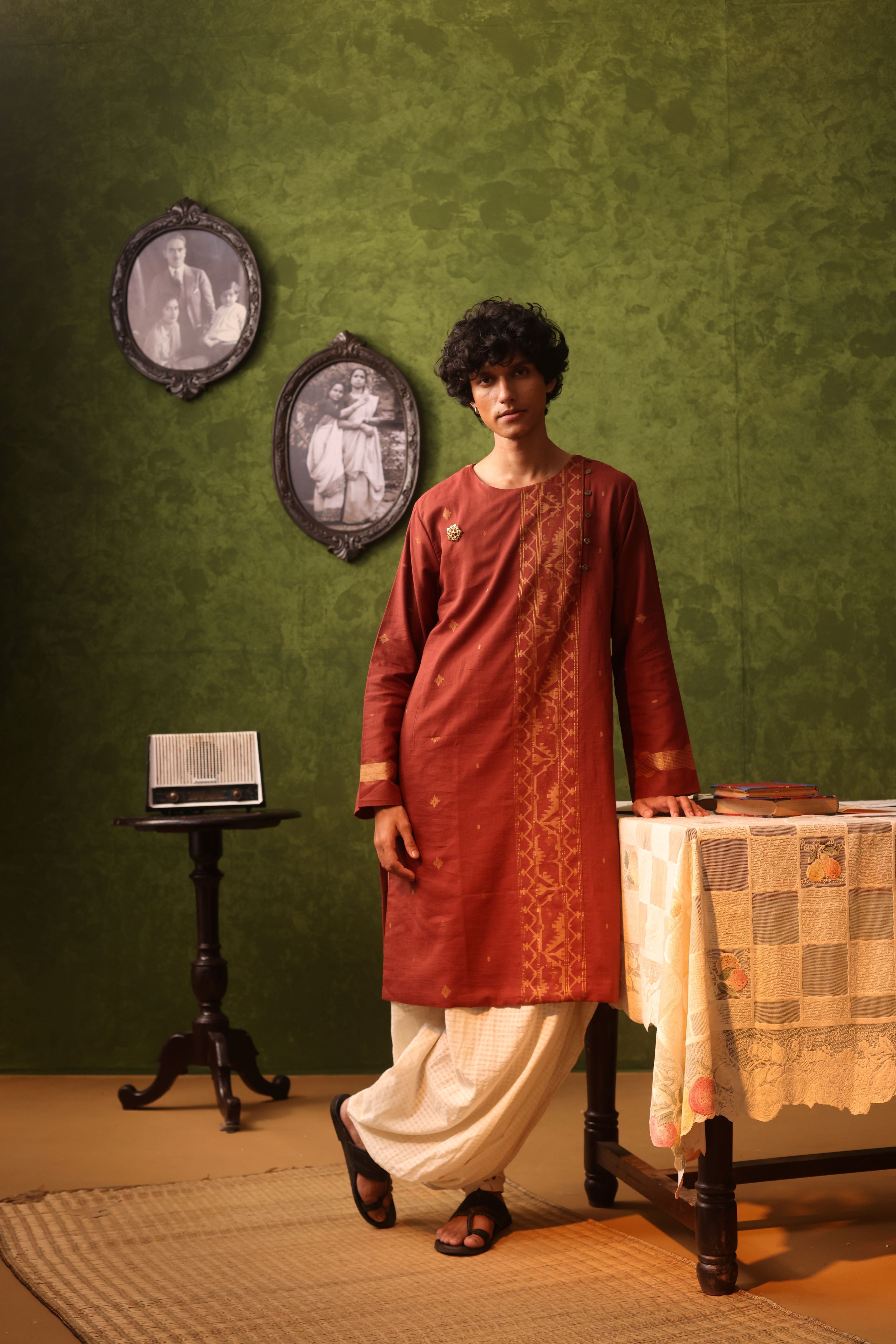 Cream Handwoven Cotton Self Checked Dhoti Pants