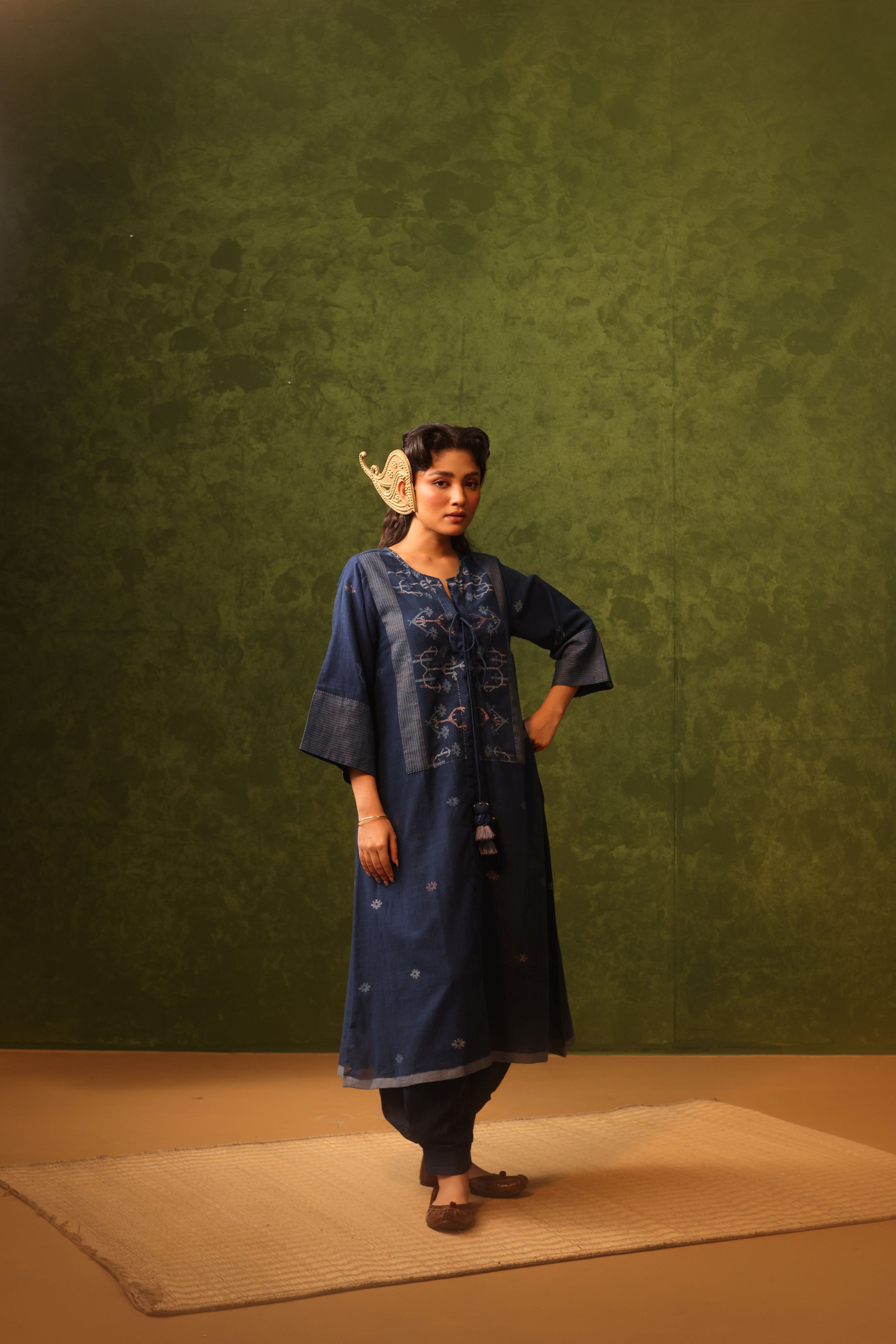 Nila - Indigo Handwoven Cotton Jamdani Kurta Set