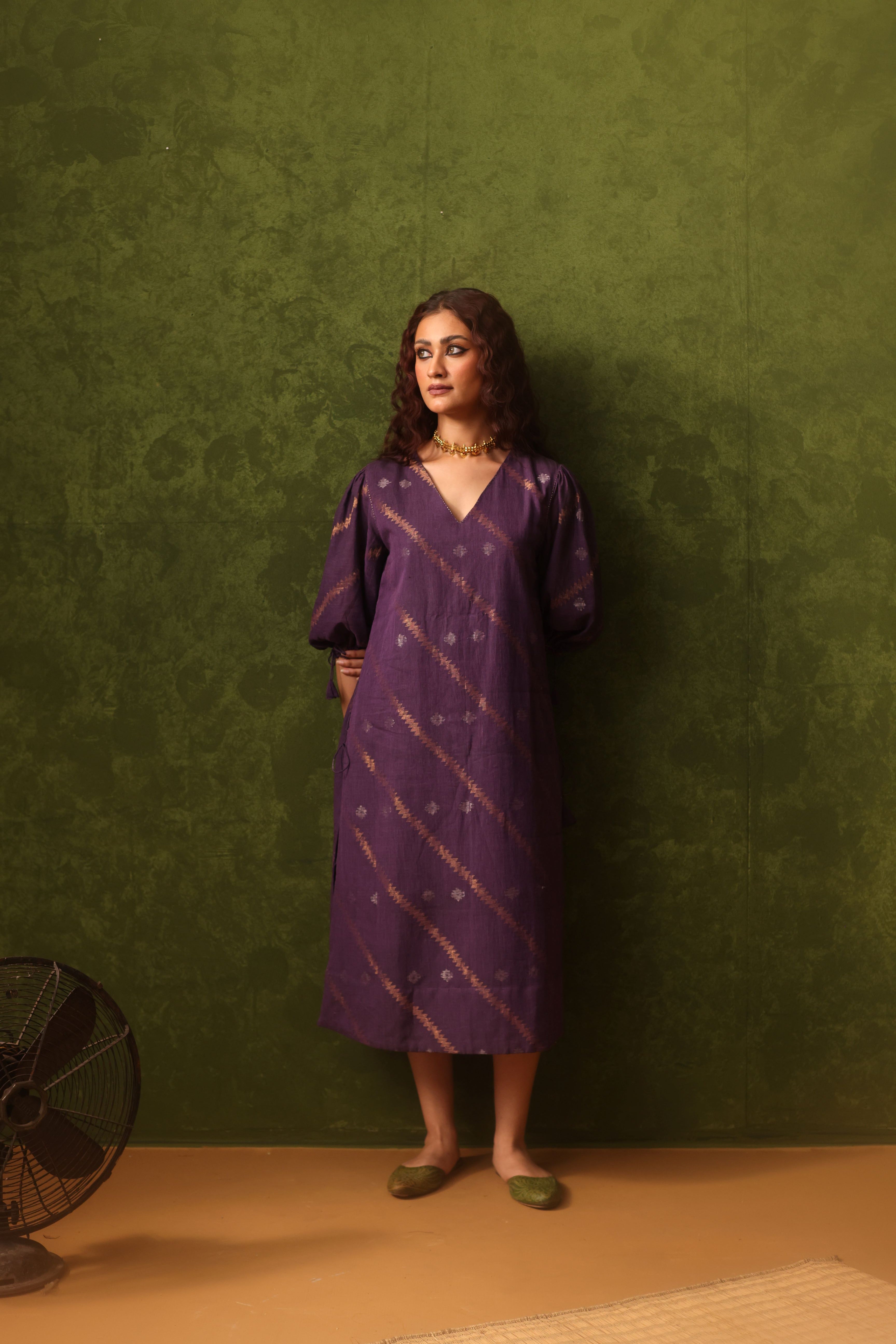 Nargis - Purple Handwoven Cotton Jamdani Dress