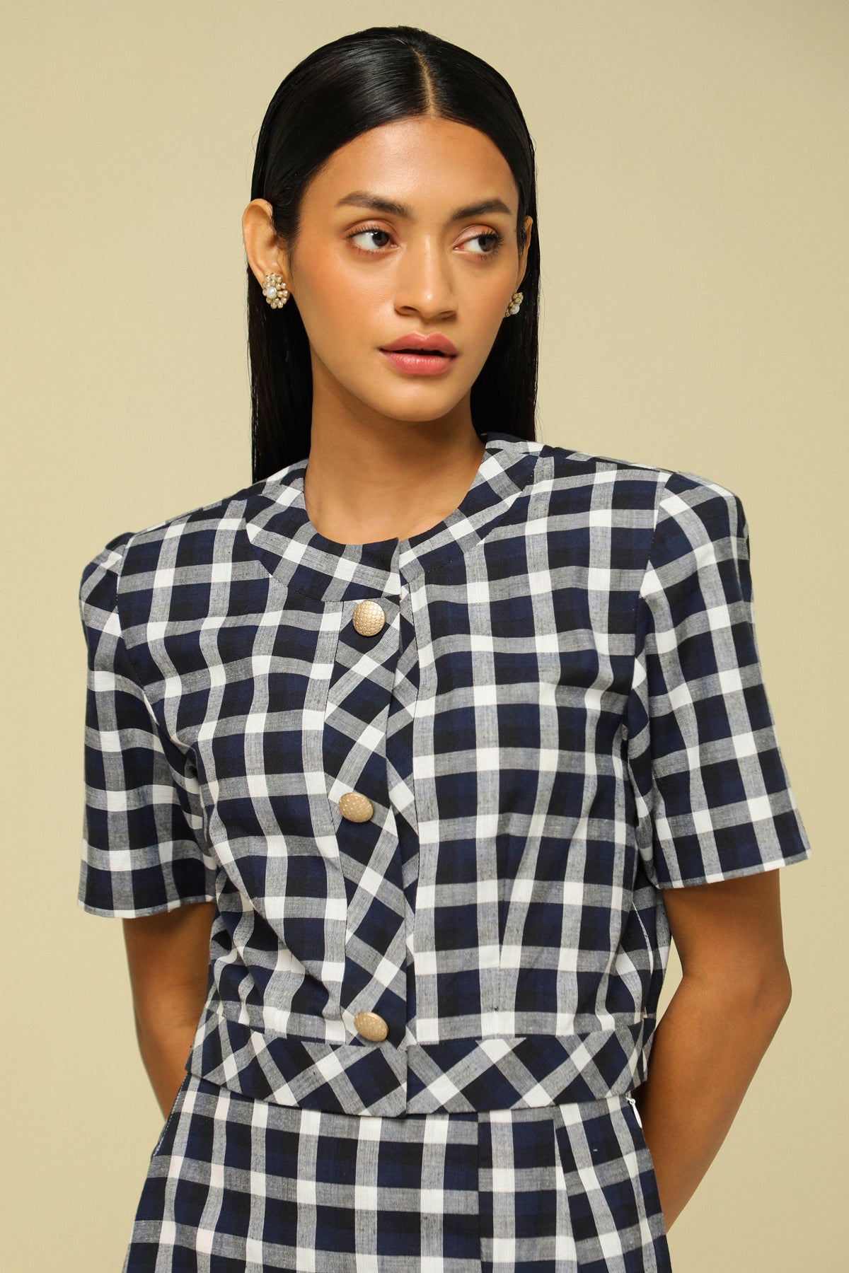 Blue And White Cotton Check Top