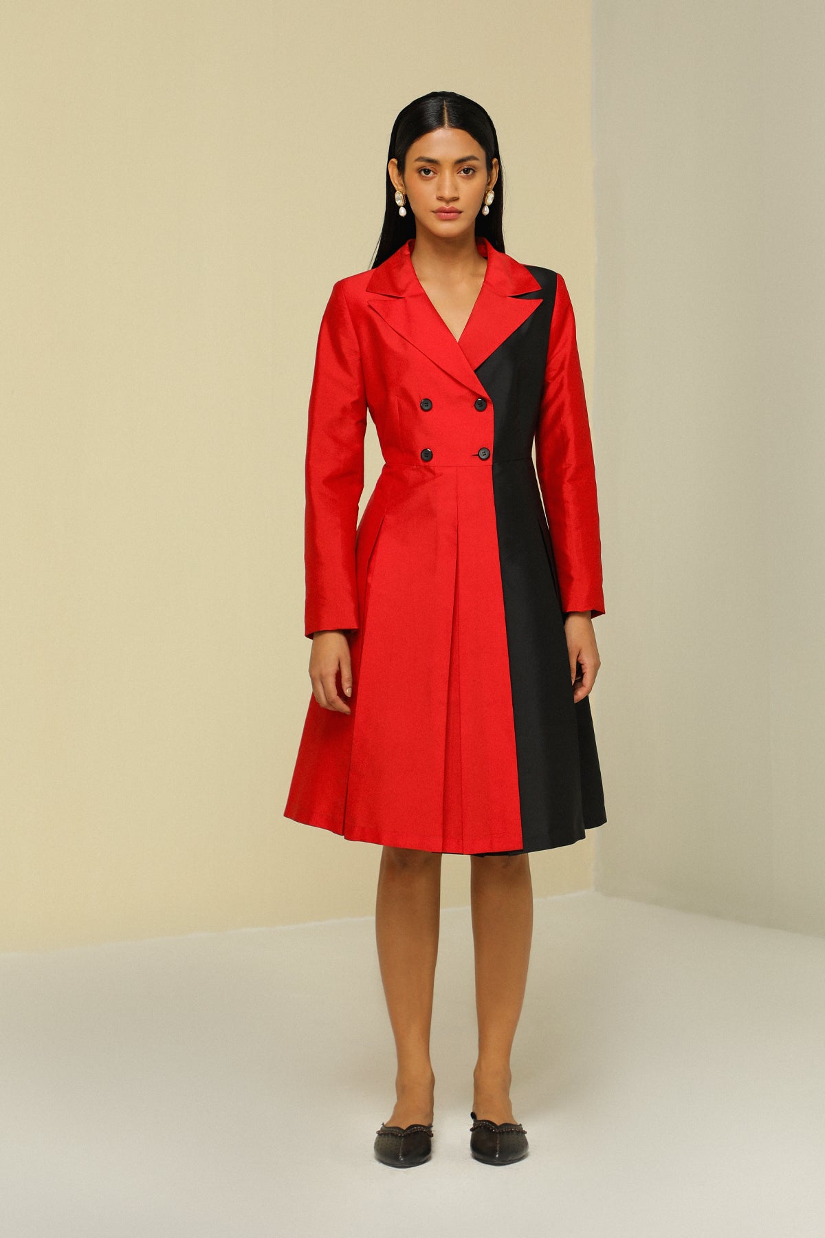 Red And Black Silk Overlap Jacket Dress