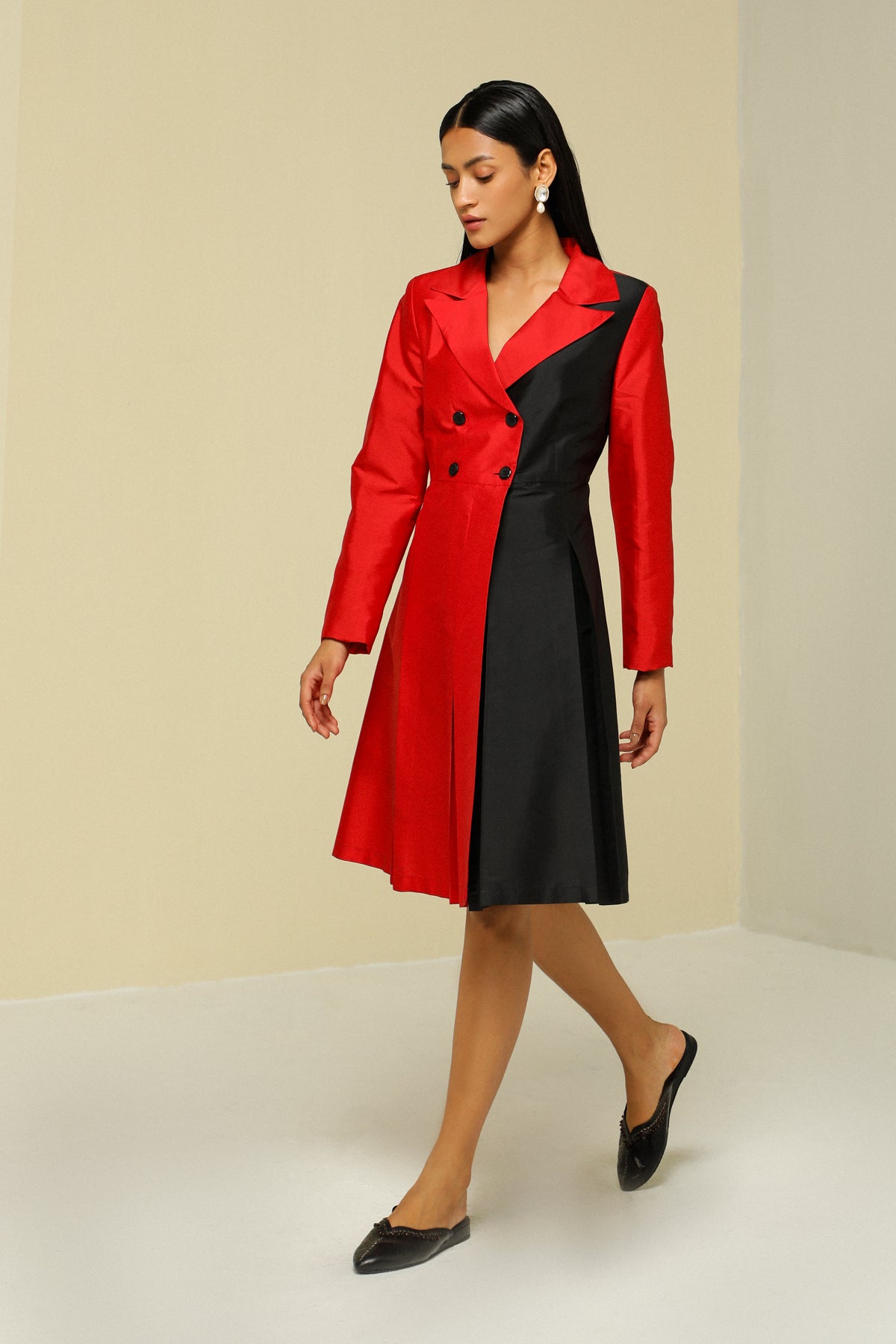 Red And Black Silk Overlap Jacket Dress